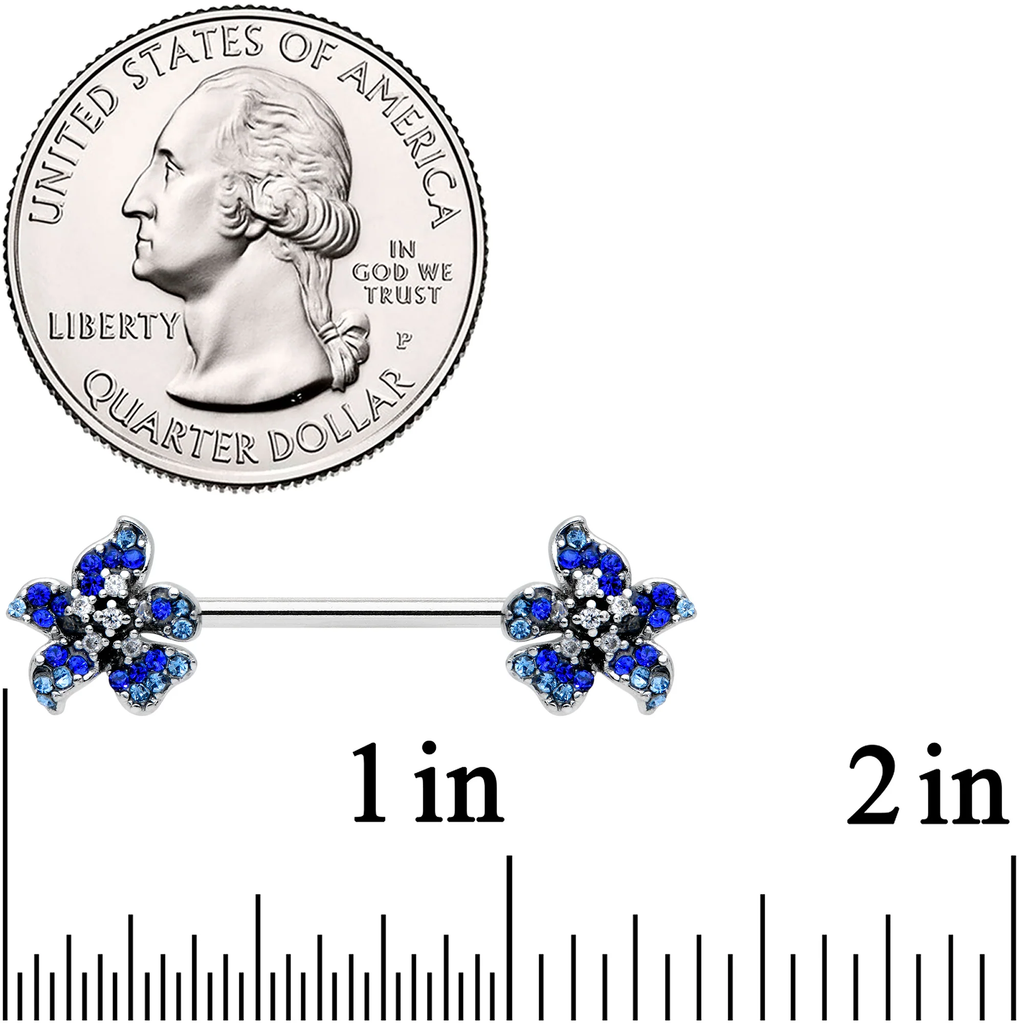14G 9/16 Clear Blue Gem Evening Flower Barbell Nipple Ring Set - Image 2
