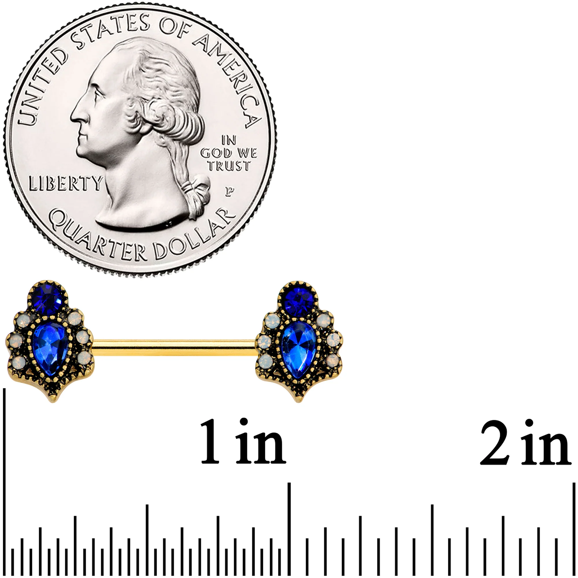14G 9/16 Clear Blue Gem Gold Tone Heirloom Drop Nipple Ring Set - Image 2