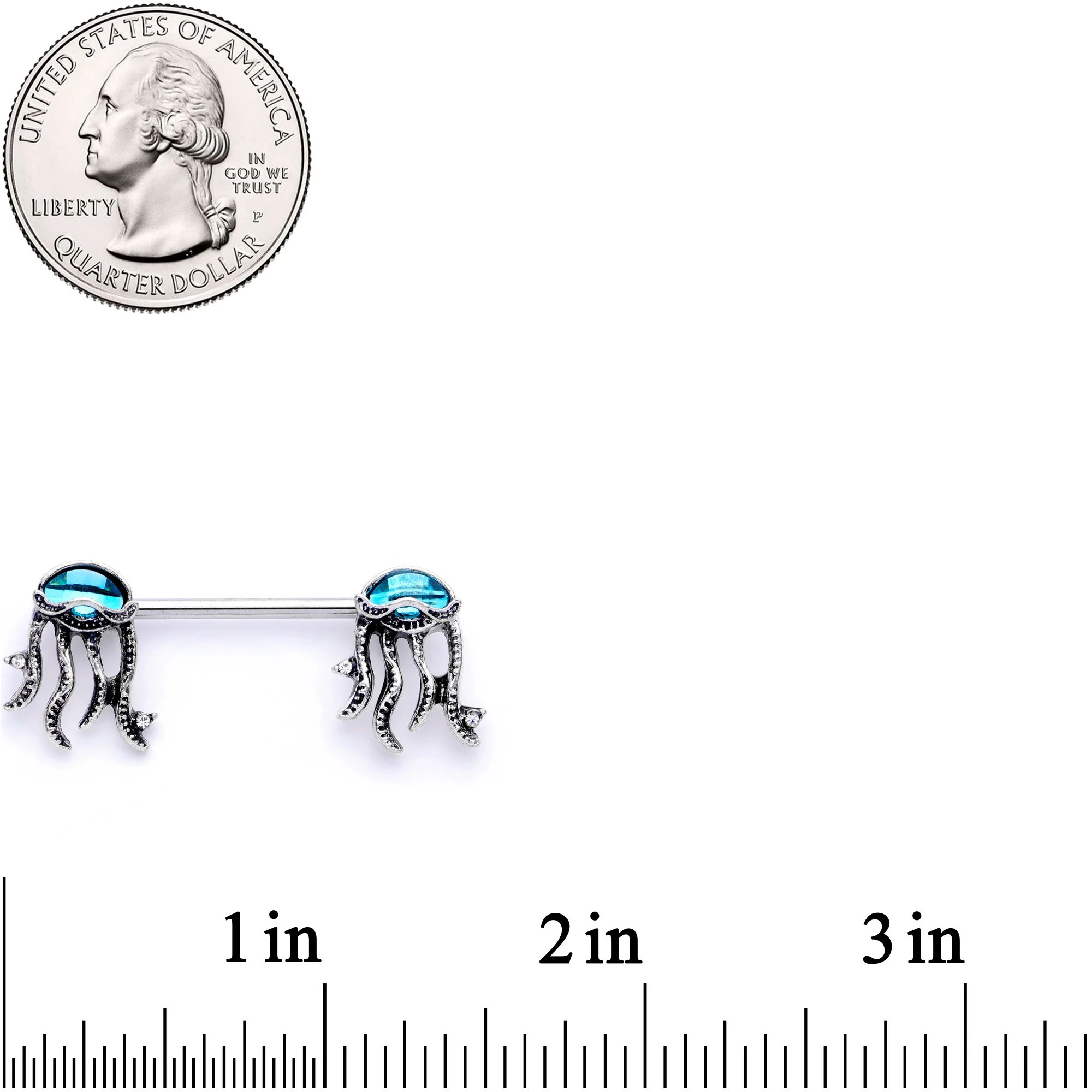 14G 9/16 Clear Blue Gem Jellyfish Barbell Nipple Ring Set - Image 2