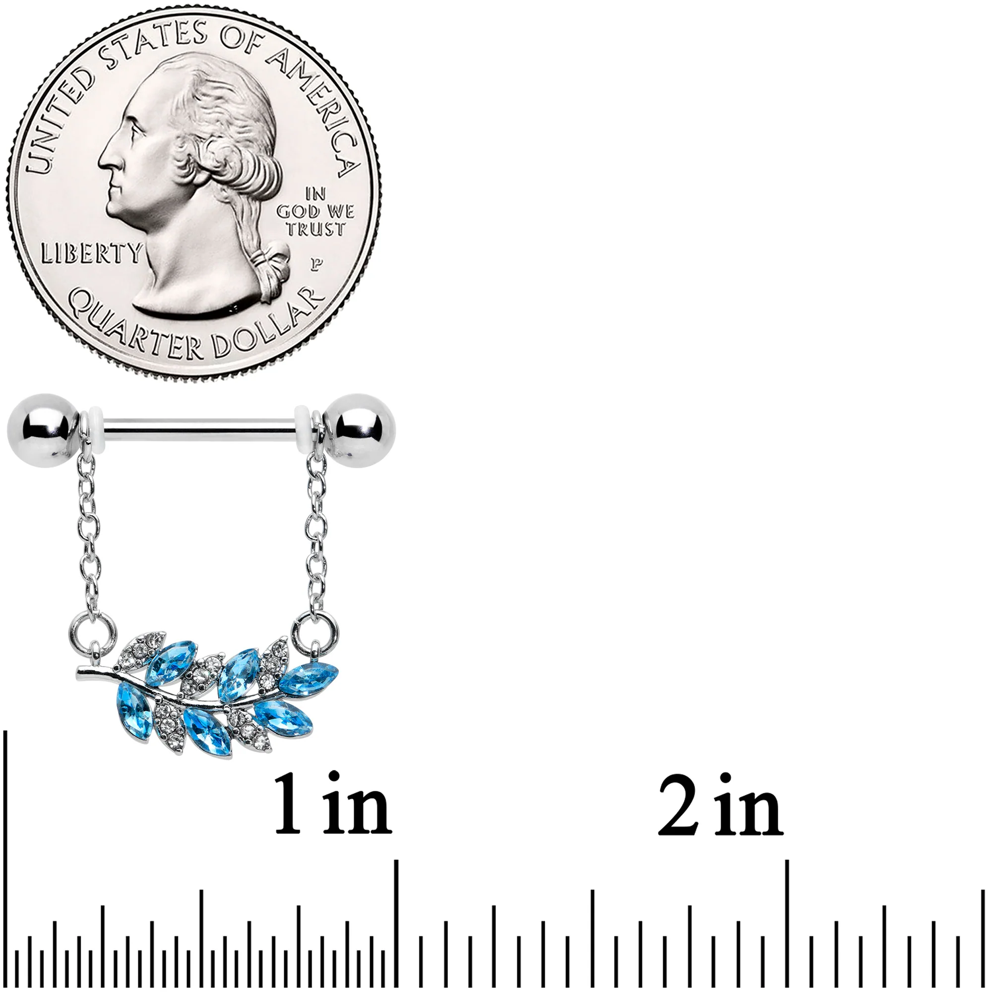 14G 9/16 Clear Blue Gem Leafy Branch Dangle Nipple Ring Set - Image 2