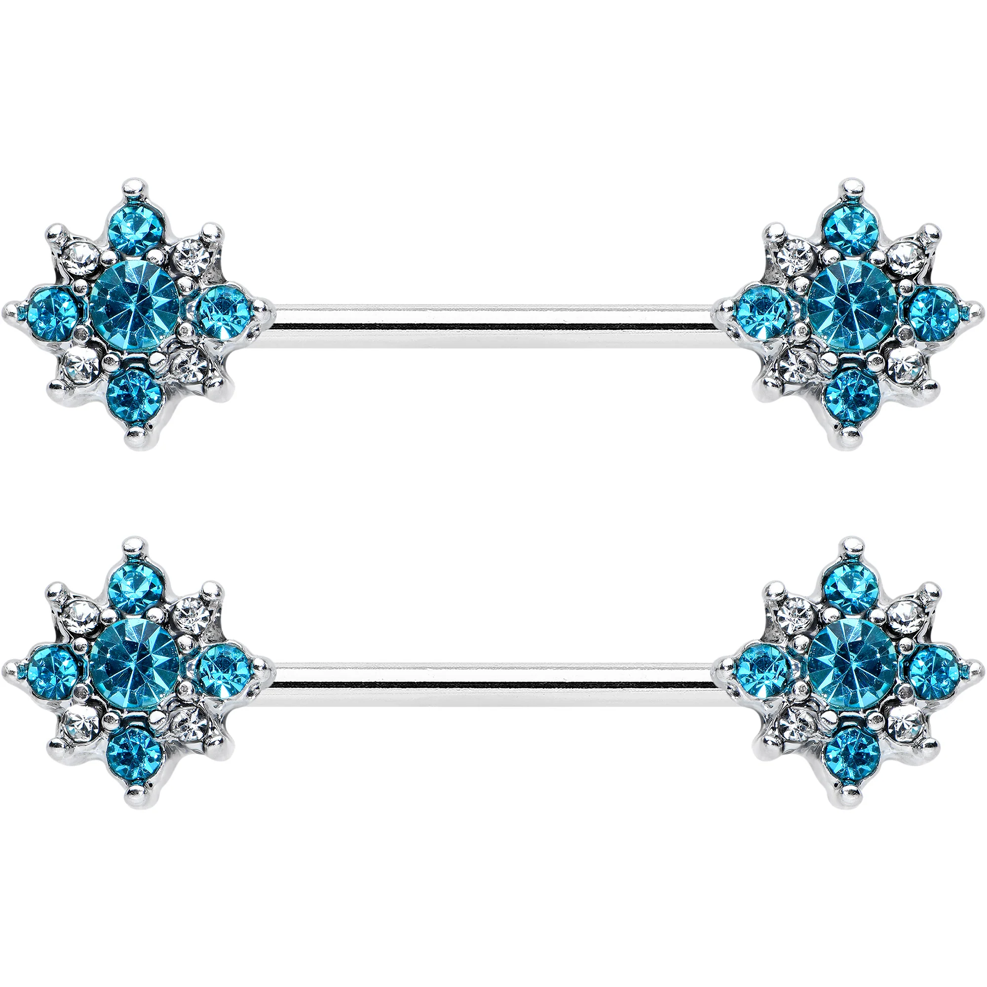 14G 9/16 Clear Blue Gem Opulent Flower Barbell Nipple Ring Set - Image 2