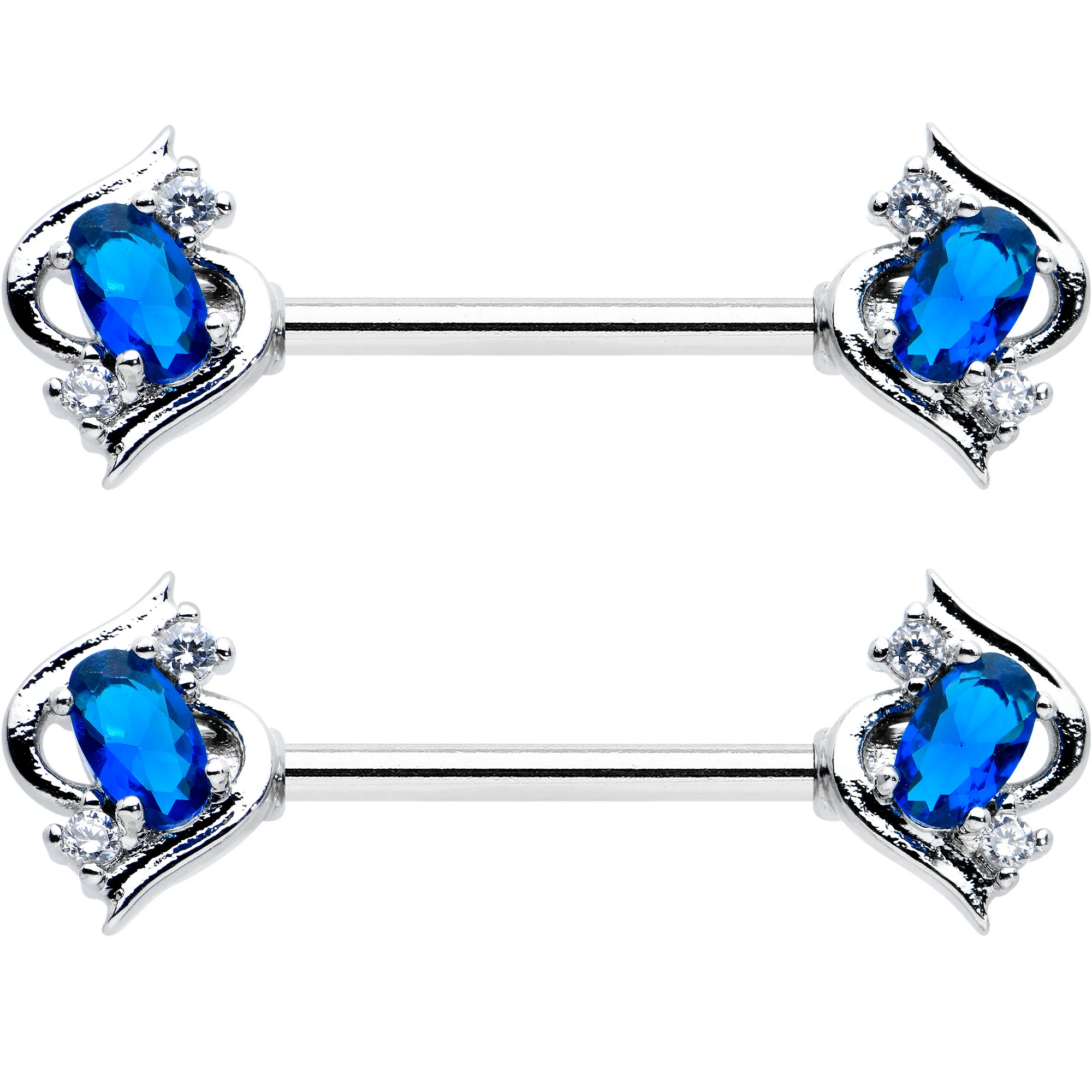 14G 9/16 Clear Blue Gem Oval Swirl Barbell Nipple Ring Set - Image 2
