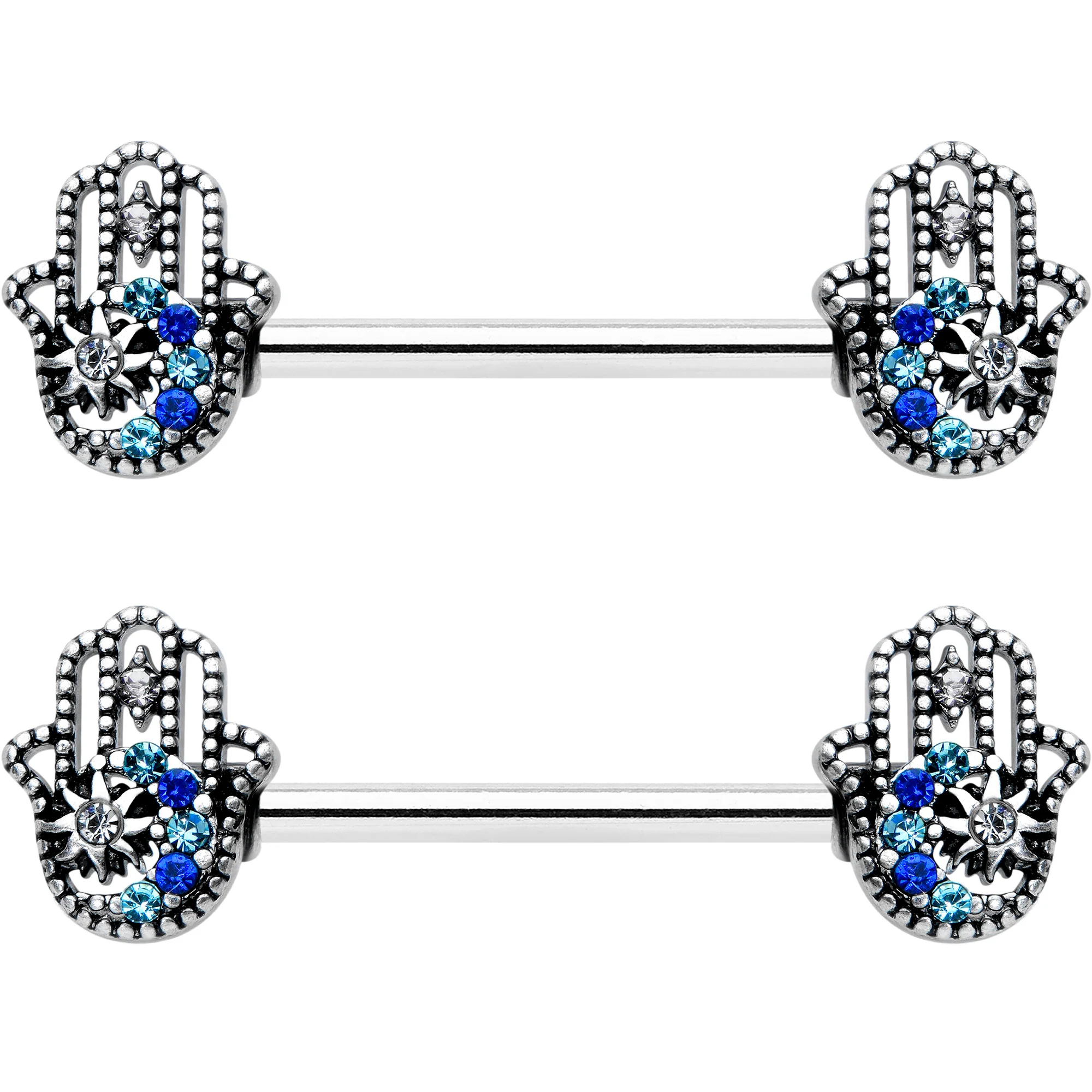 14G 9/16 Clear Blue Gem Textured Hamsa Hand Nipple Ring Set - Image 2