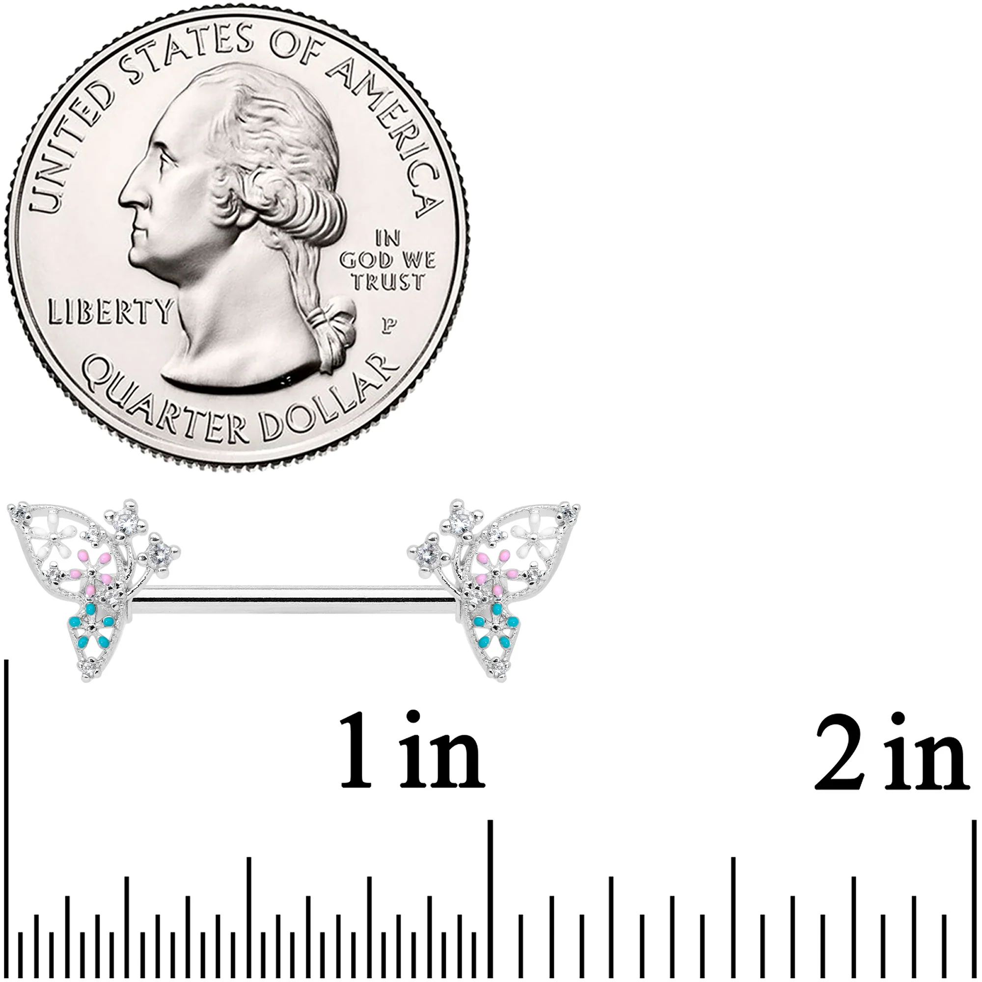 14G 9/16 Clear CZ Gem Abstract Butterfly Barbell Nipple Ring Set - Image 2