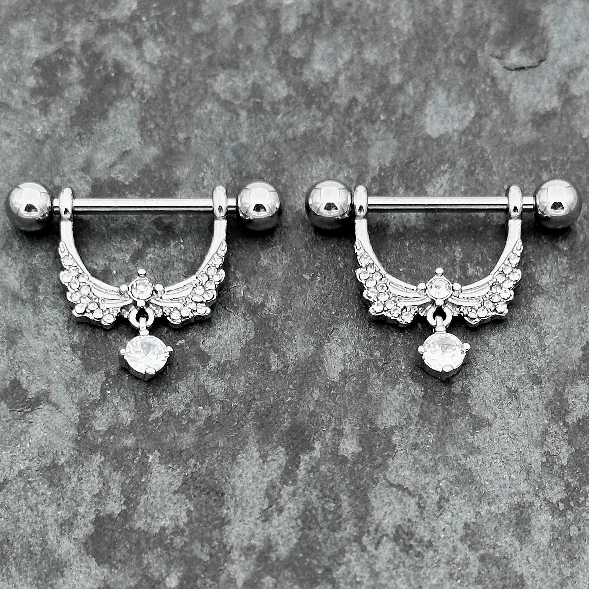 14G 9/16 Clear CZ Gem Alluring Wings Dangle Nipple Ring Set