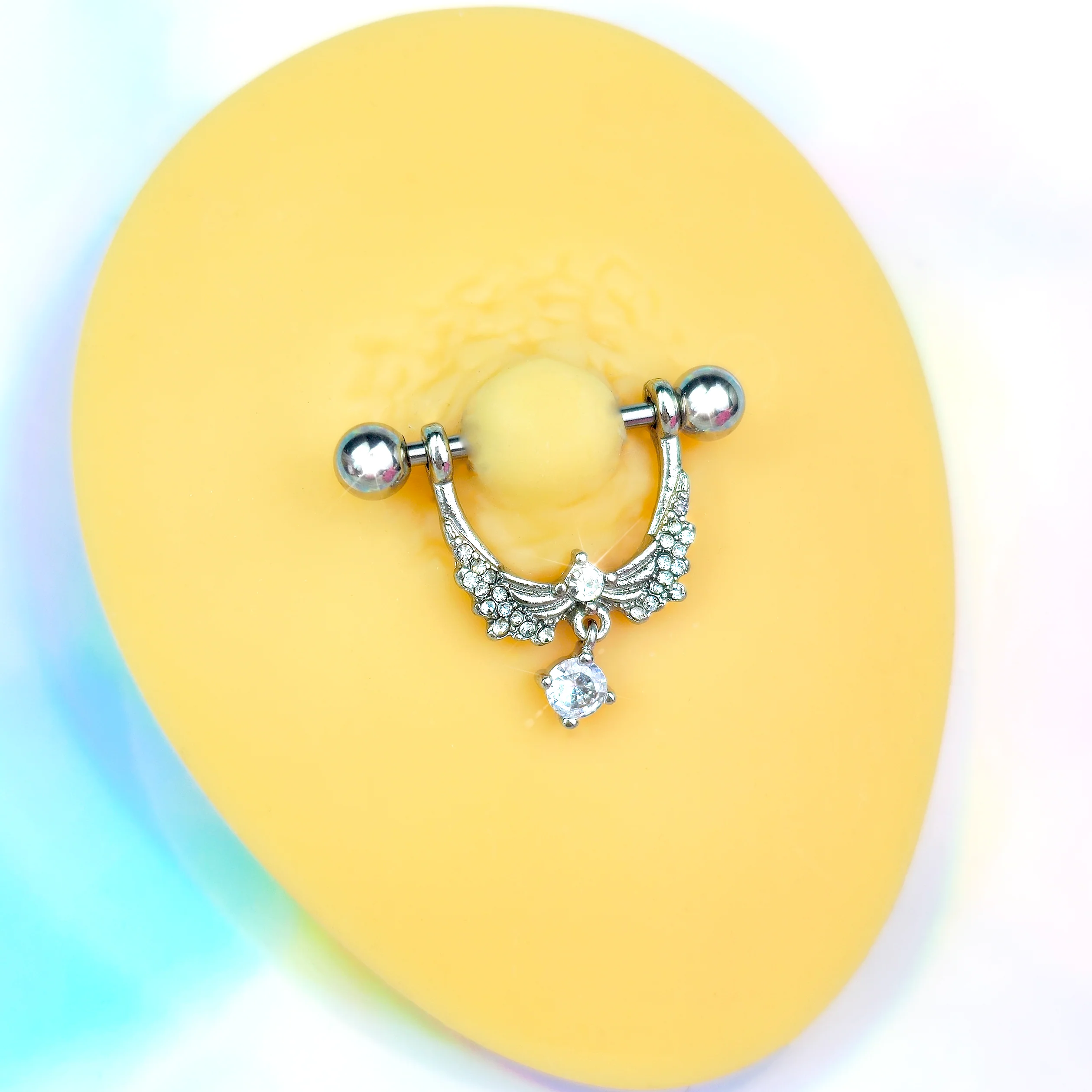 14G 9/16 Clear CZ Gem Alluring Wings Dangle Nipple Ring Set - Image 2