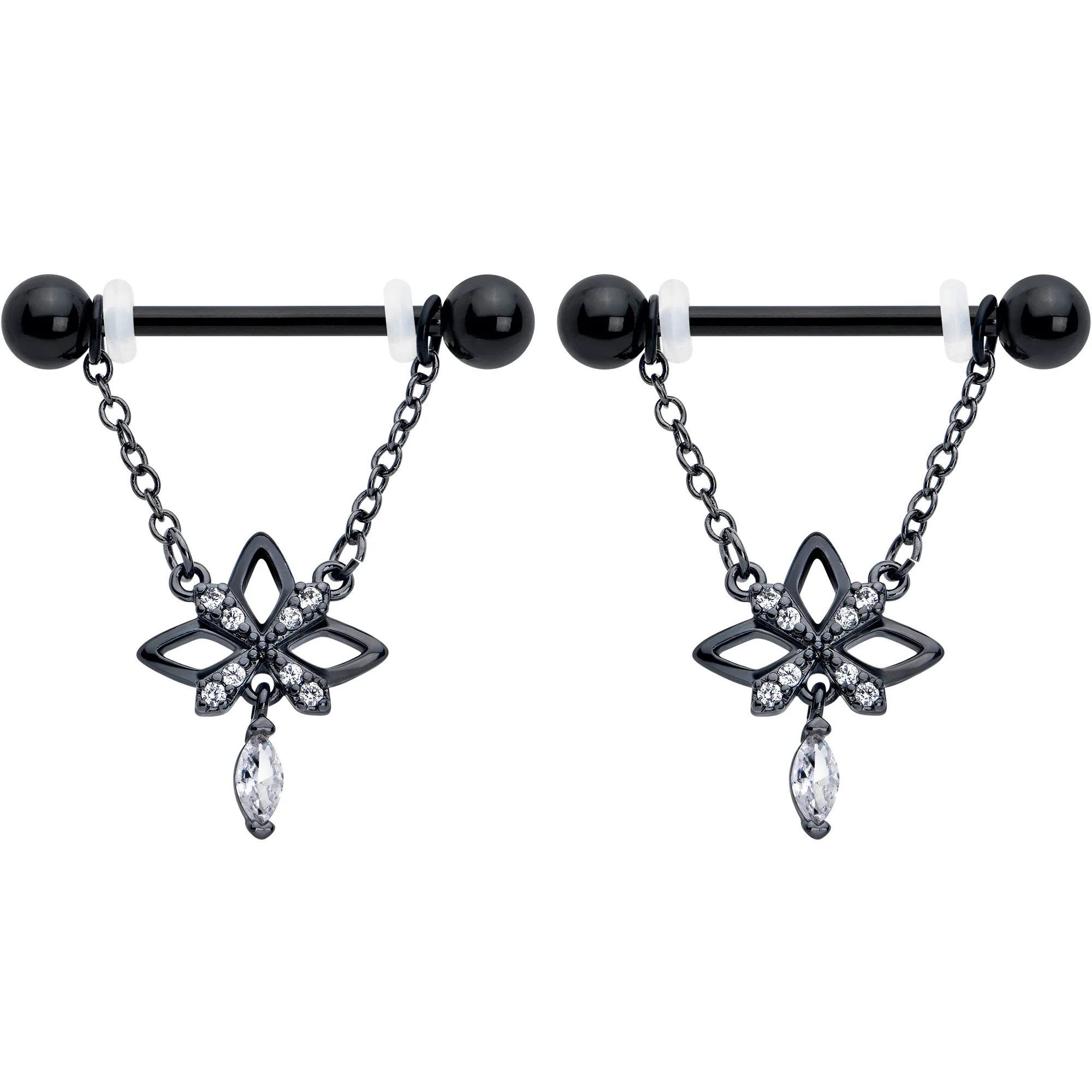 14G 9/16 Clear CZ Gem Black Gothic Star Dangle Nipple Ring Set - Image 2