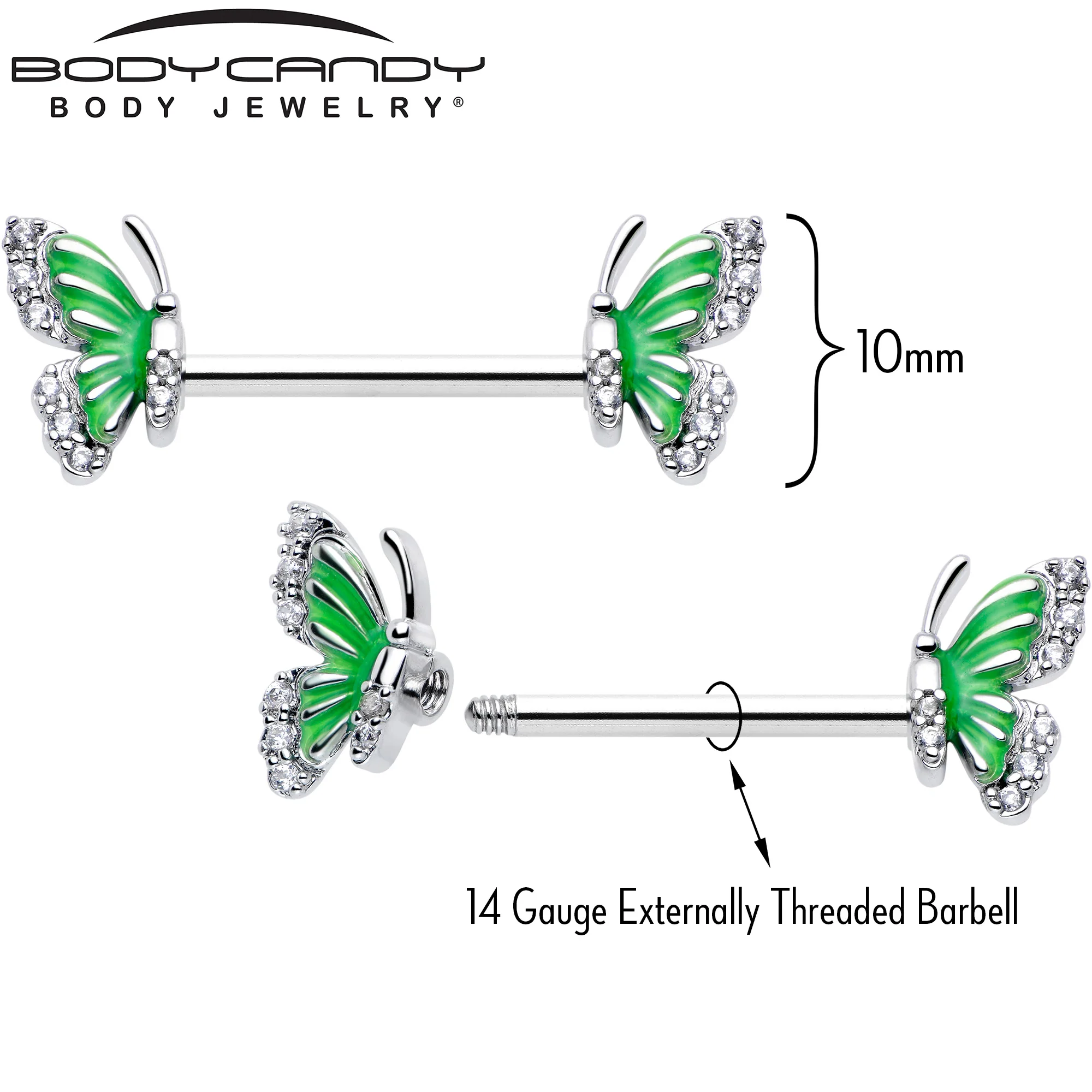 14G 9/16 Clear CZ Gem Butterfly Green Barbell Nipple Ring Set - Image 3