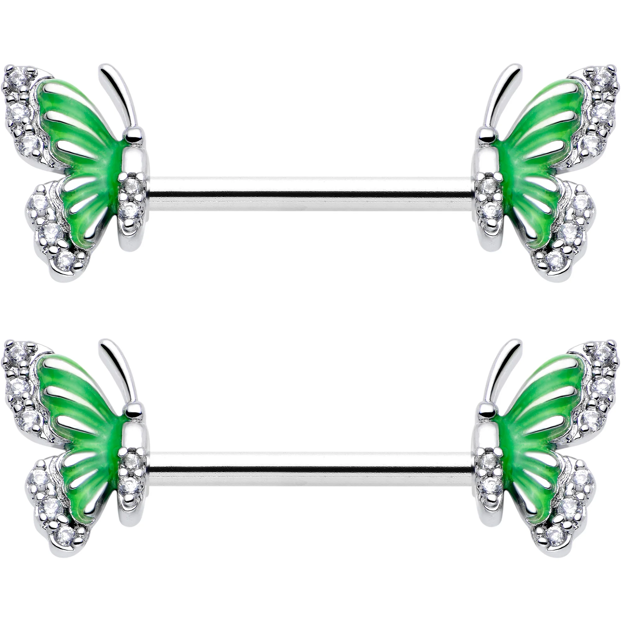 14G 9/16 Clear CZ Gem Butterfly Green Barbell Nipple Ring Set - Image 4