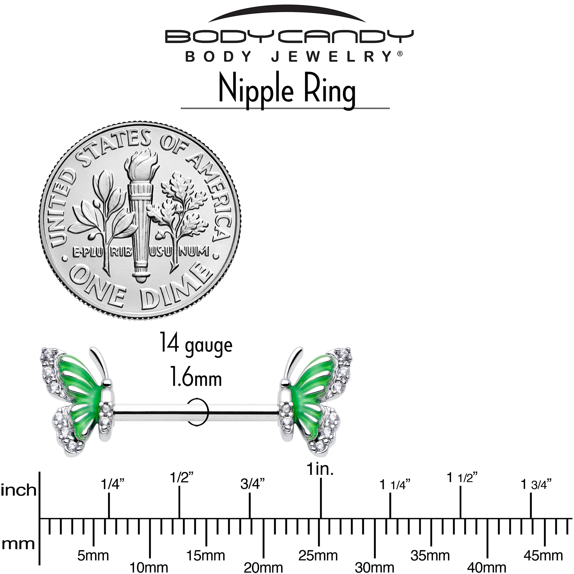 14G 9/16 Clear CZ Gem Butterfly Green Barbell Nipple Ring Set - Image 5