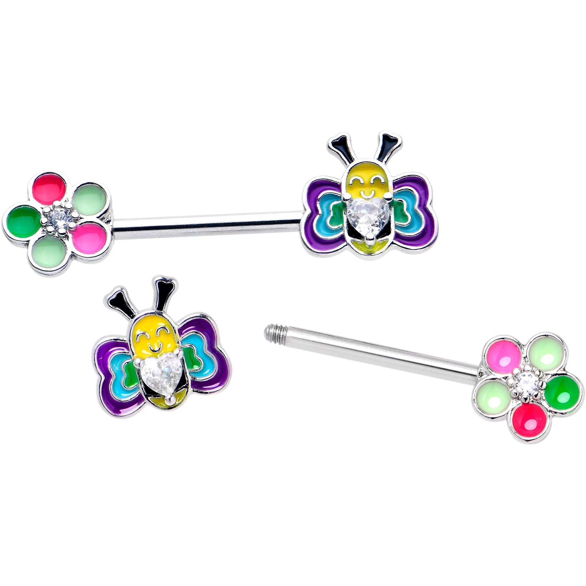 14G 9/16 Clear CZ Gem Butterfly Love Bug Barbell Nipple Ring Set - Image 2