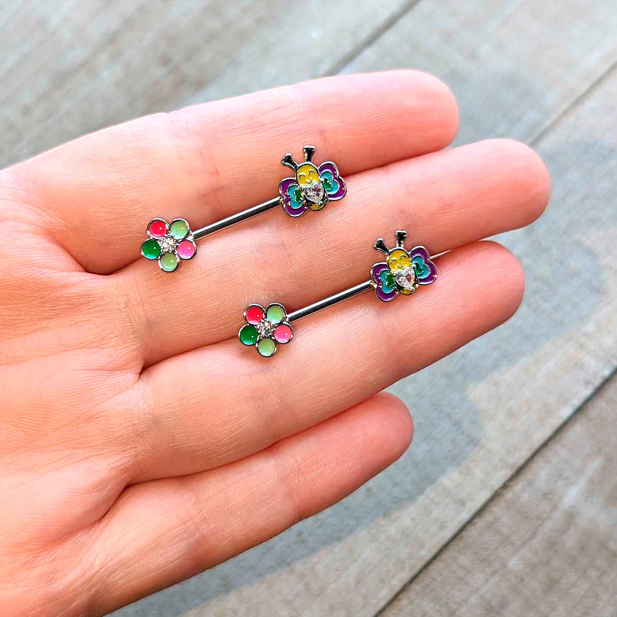 14G 9/16 Clear CZ Gem Butterfly Love Bug Barbell Nipple Ring Set - Image 3