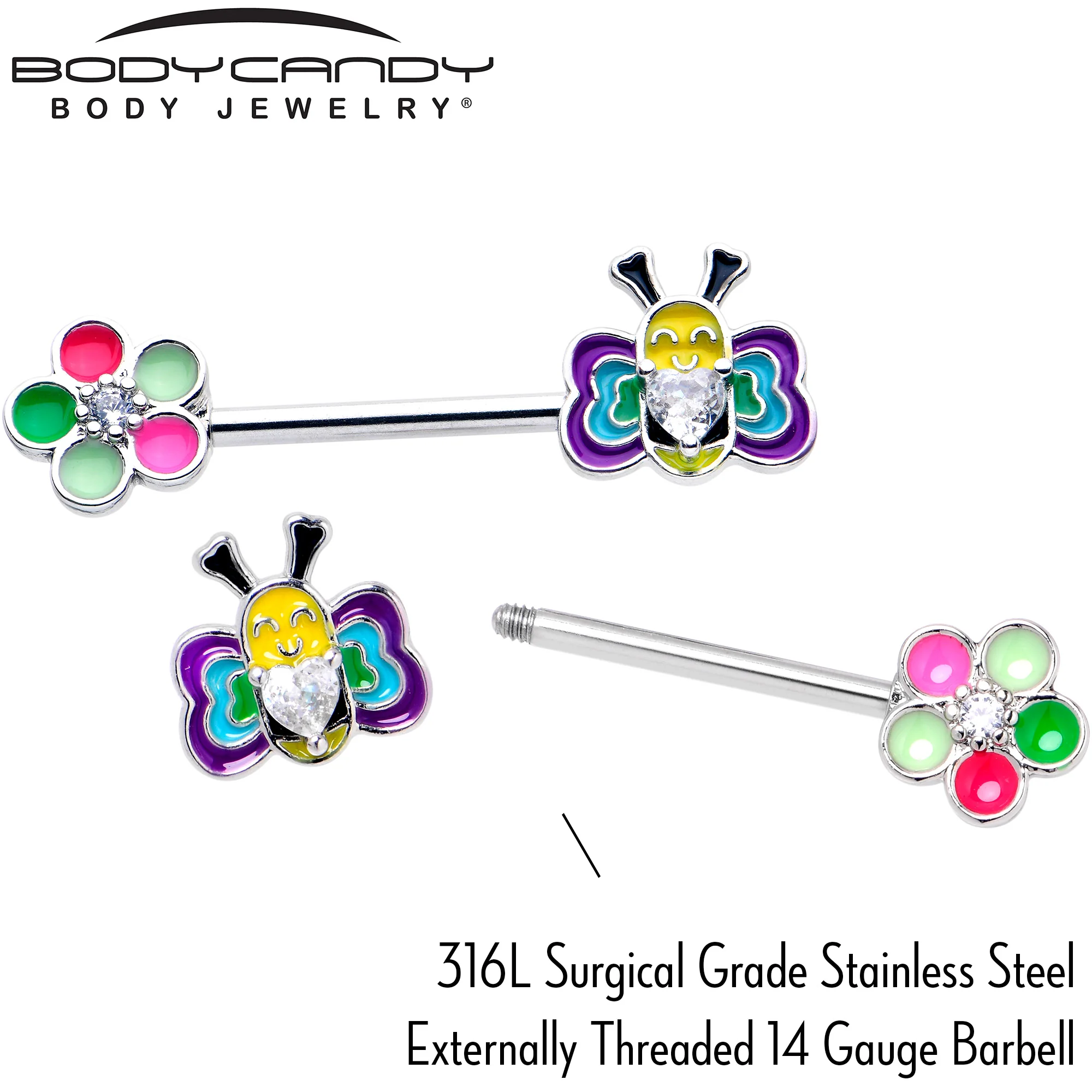 14G 9/16 Clear CZ Gem Butterfly Love Bug Barbell Nipple Ring Set - Image 4