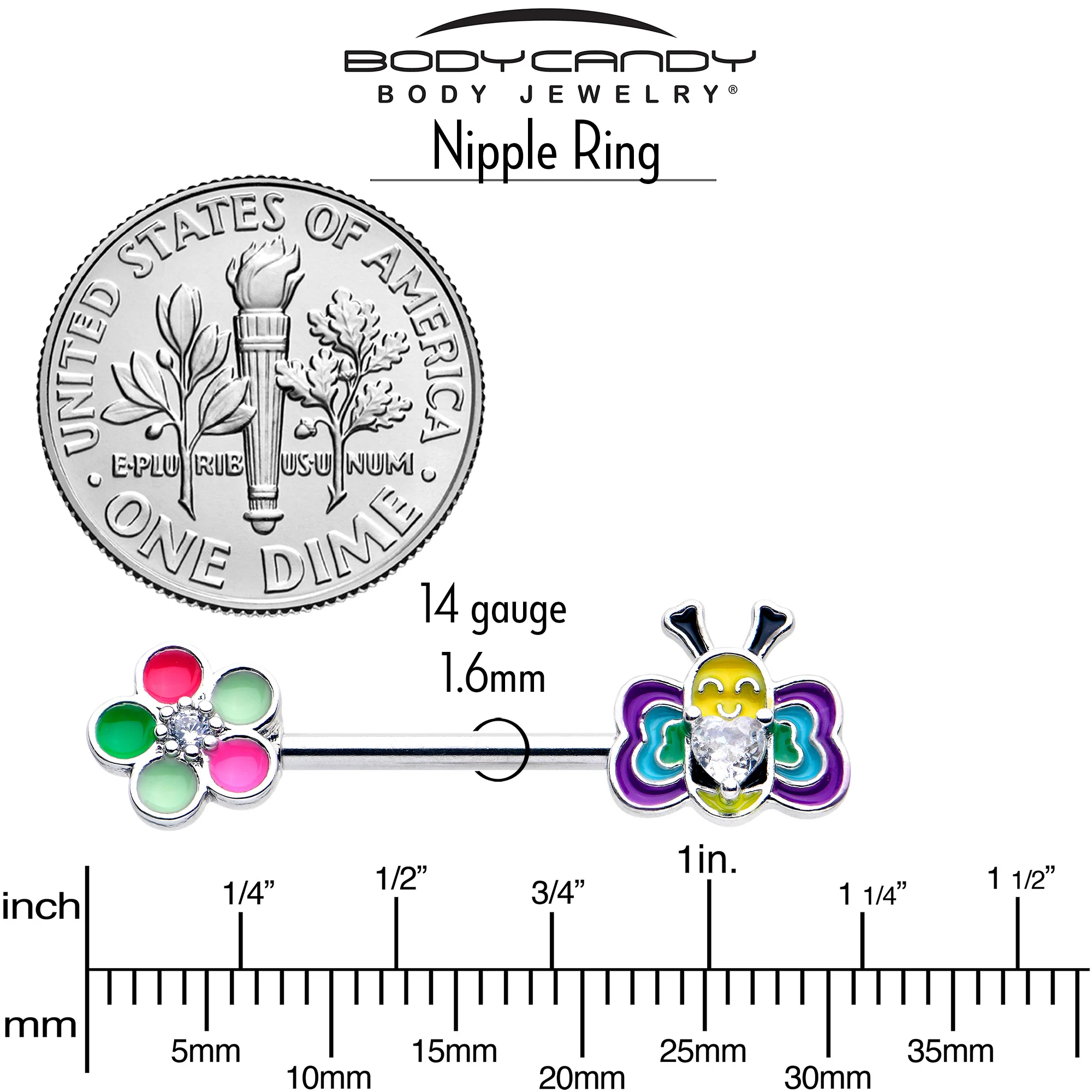 14G 9/16 Clear CZ Gem Butterfly Love Bug Barbell Nipple Ring Set - Image 5