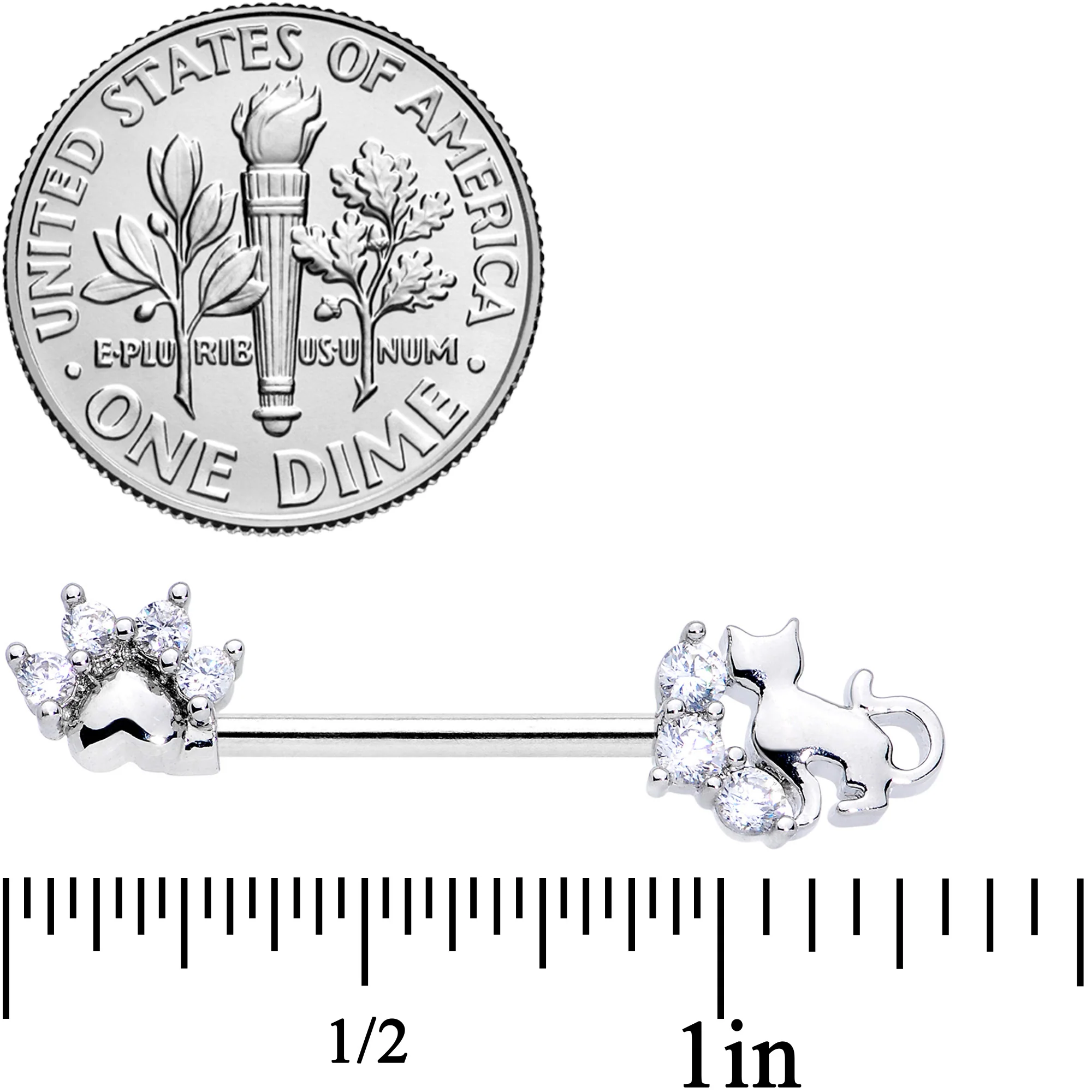 14G 9/16 Clear CZ Gem Paw Print Cat Barbell Nipple Ring Set - Image 2