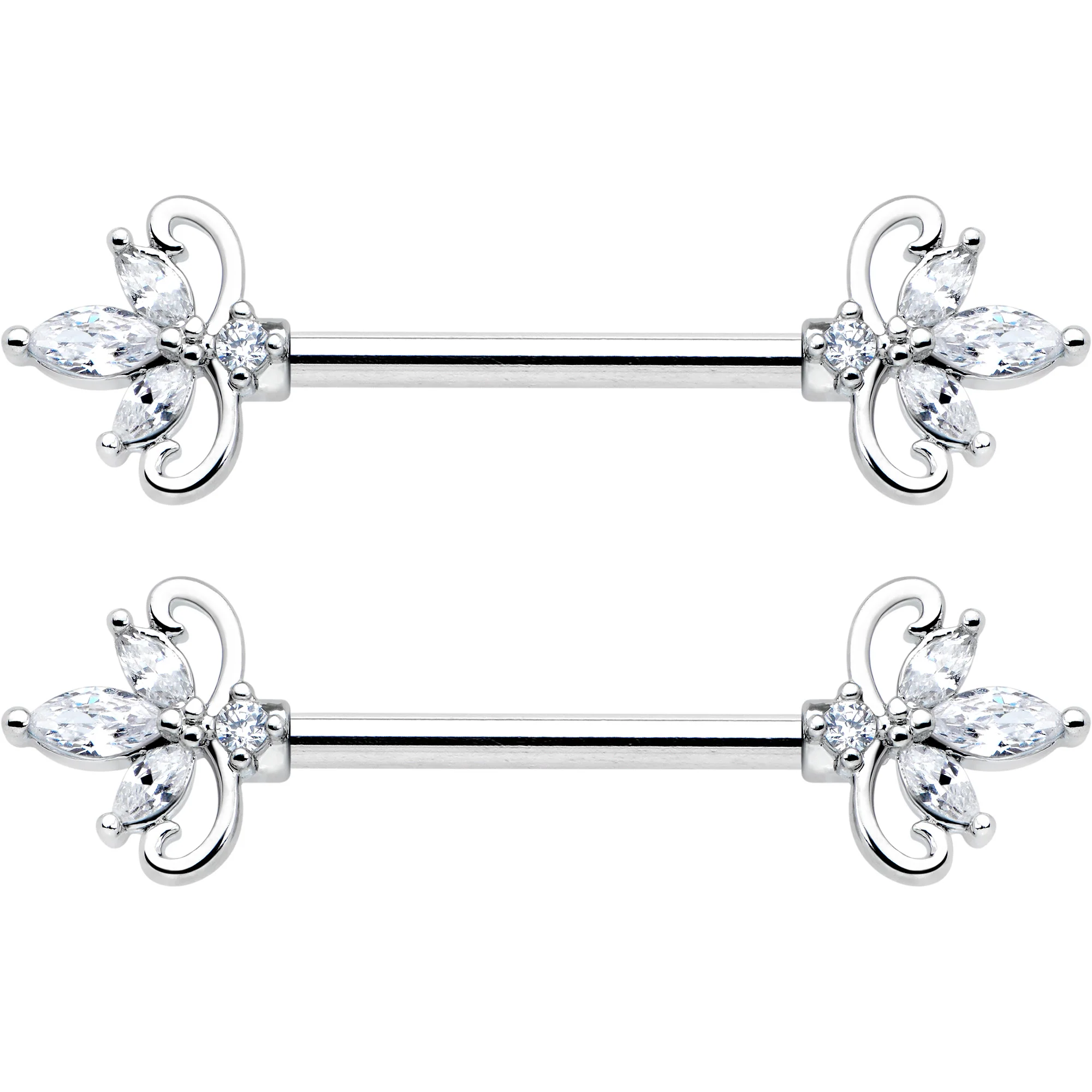 14G 9/16 Clear CZ Gem Double Heart Baroque Barbell Nipple Ring Set - Image 2