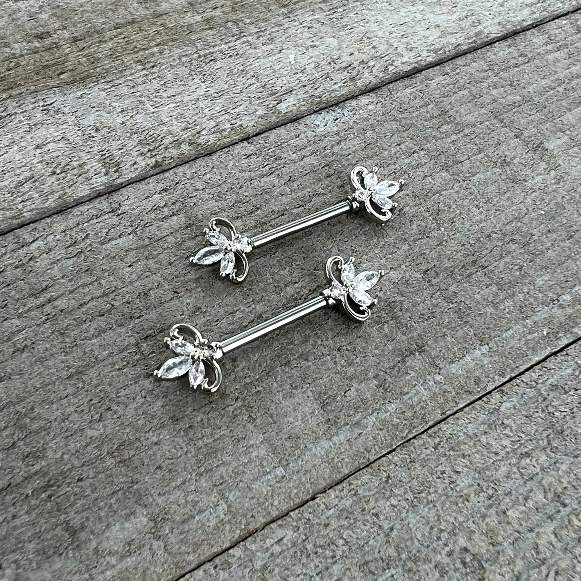 14G 9/16 Clear CZ Gem Double Heart Baroque Barbell Nipple Ring Set - Image 4