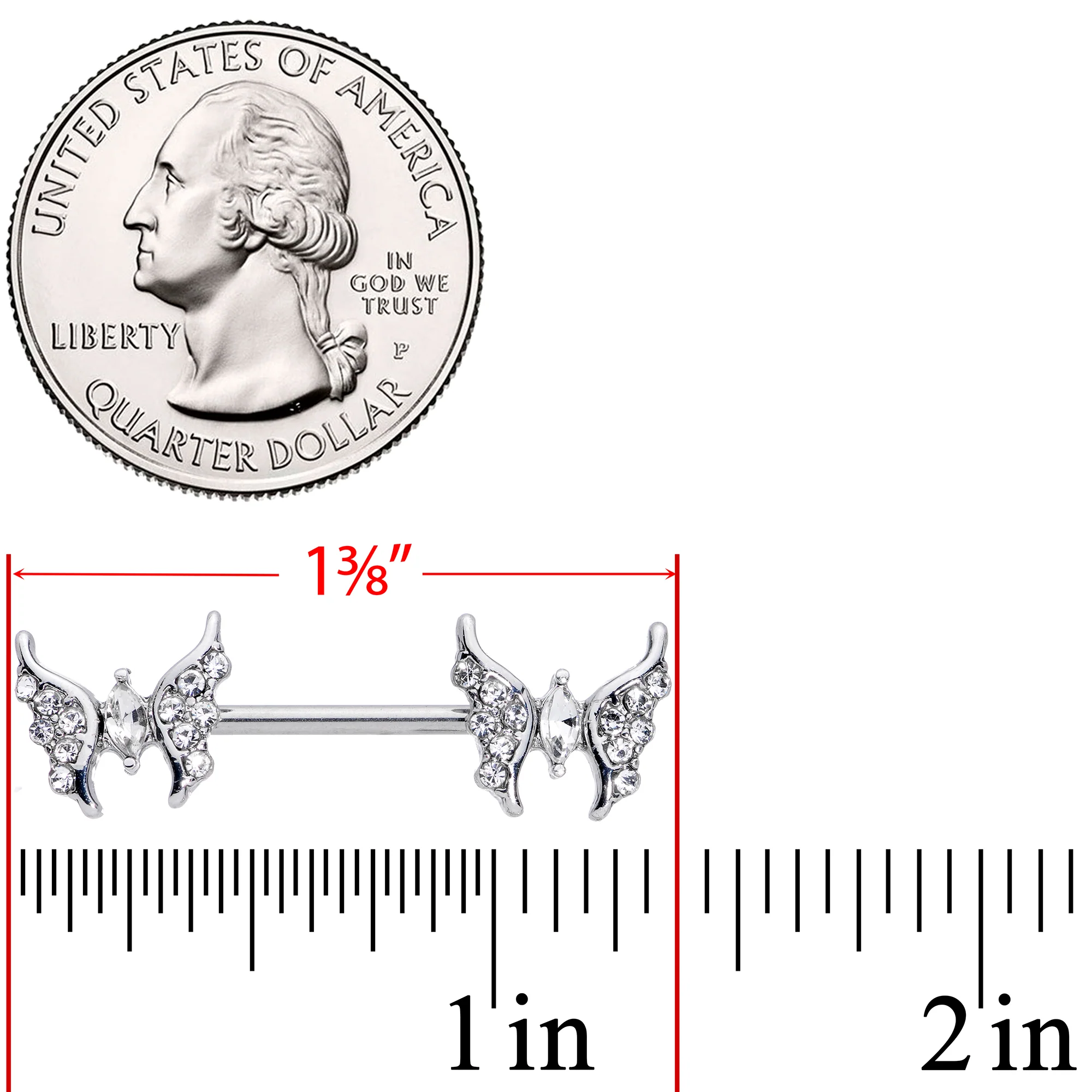 14G 9/16 Clear CZ Gem Drama Butterfly Barbell Nipple Ring Set - Image 3