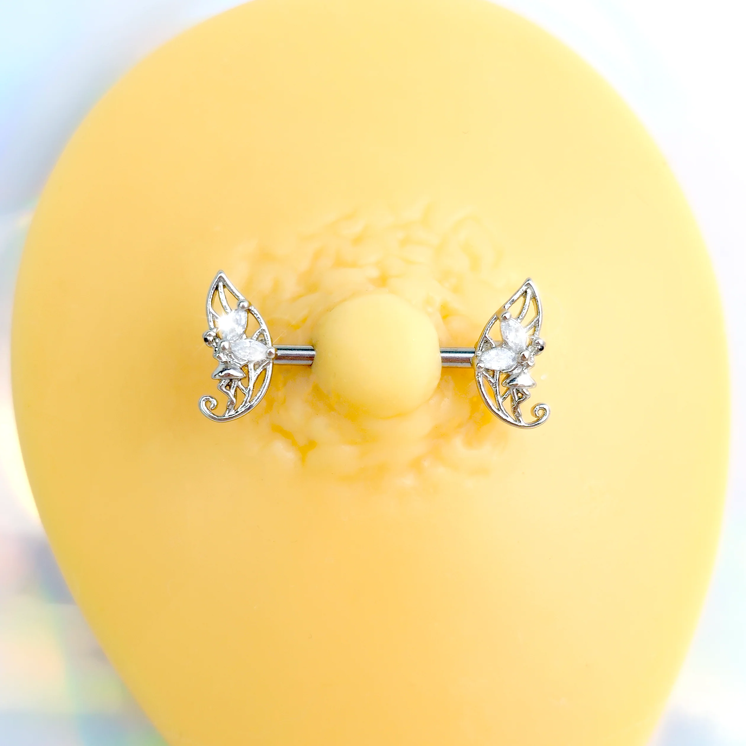 14G 9/16 Clear CZ Gem Fairy Leaf Barbell Nipple Ring Set - Image 2