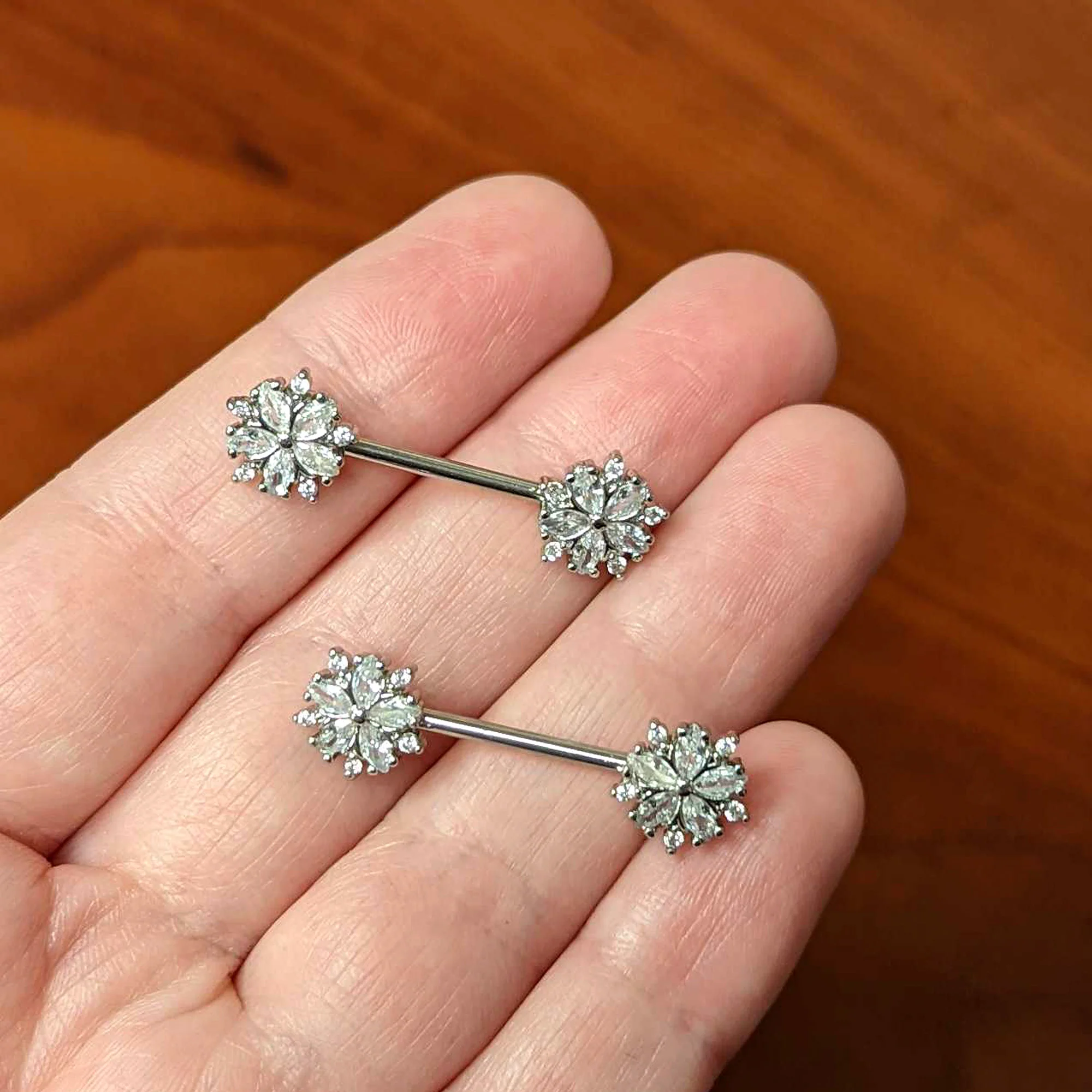 14G 9/16 Clear CZ Gem Floral Burst Barbell Nipple Ring Set - Image 4