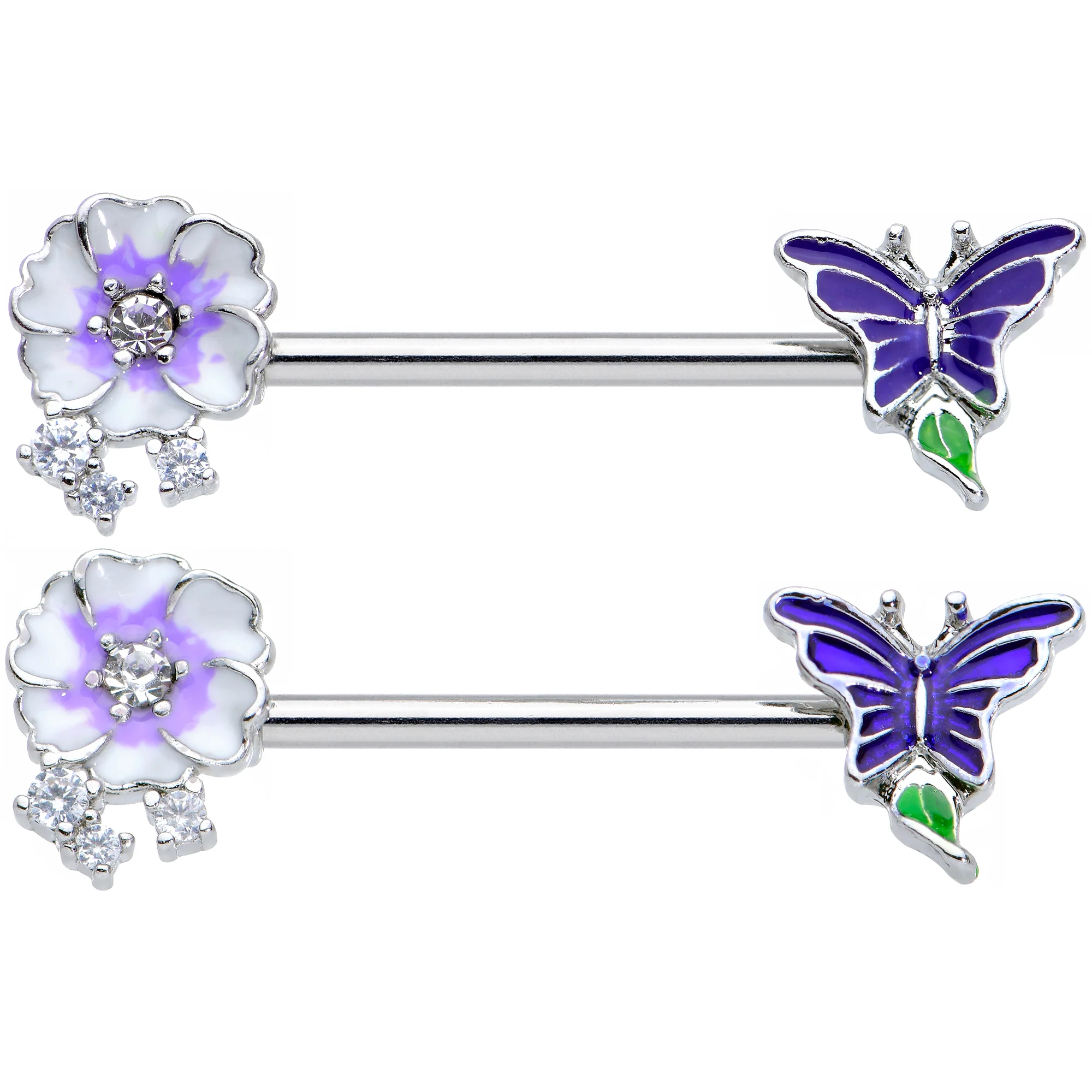 14G 9/16 Clear CZ Gem Flower Blue Butterfly Nipple Ring Set - Image 2
