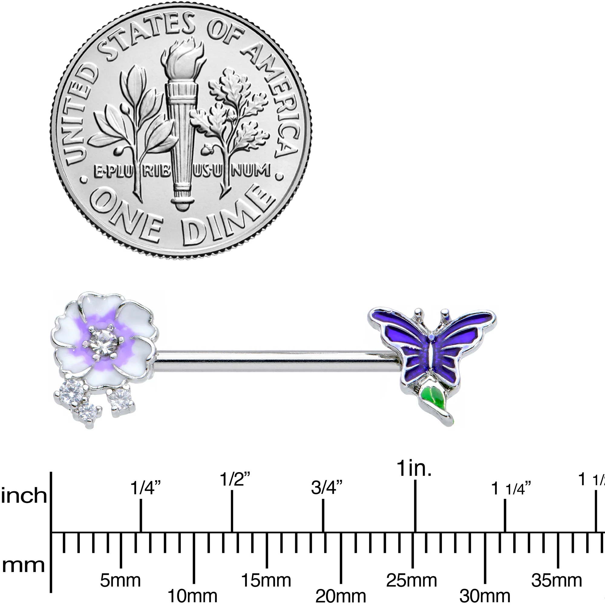 14G 9/16 Clear CZ Gem Flower Blue Butterfly Nipple Ring Set - Image 3