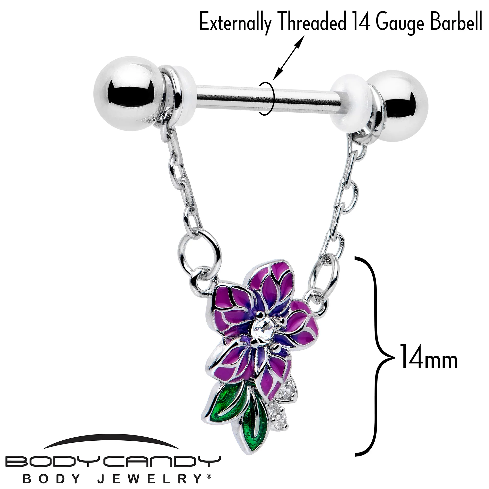 14G 9/16 Clear CZ Gem Flower Purple Chain Dangle Nipple Ring Set - Image 3