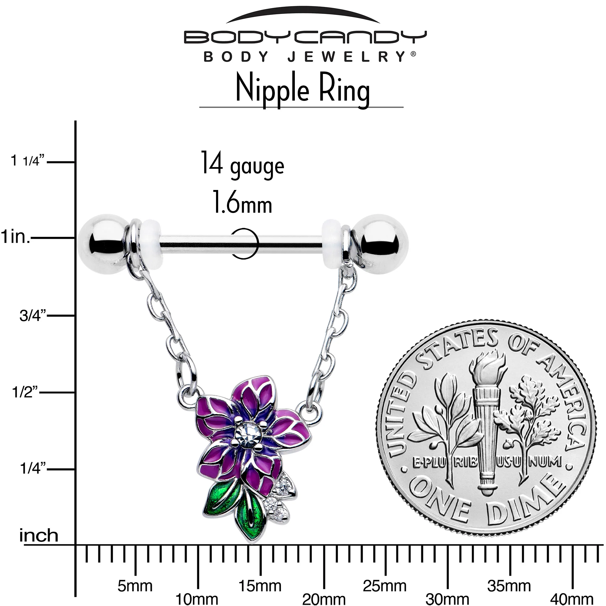 14G 9/16 Clear CZ Gem Flower Purple Chain Dangle Nipple Ring Set - Image 4