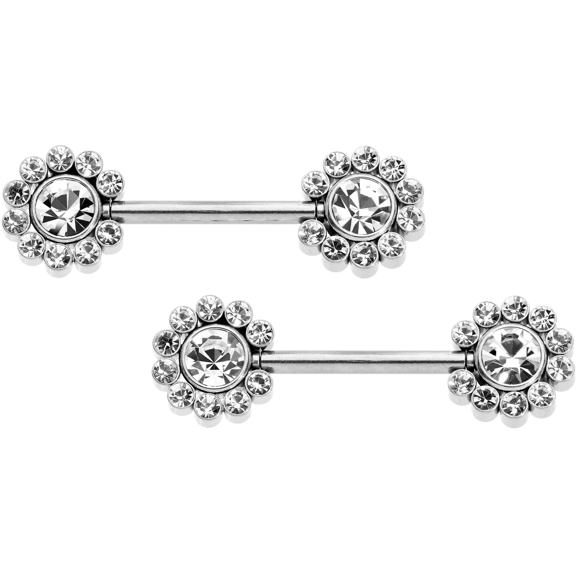 14G 9/16 Clear CZ Gem Flower Threadless Barbell Nipple Ring Set - Image 2
