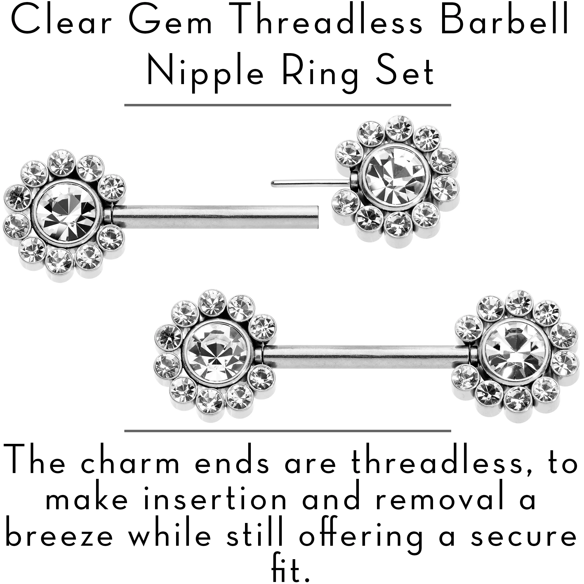 14G 9/16 Clear CZ Gem Flower Threadless Barbell Nipple Ring Set - Image 3