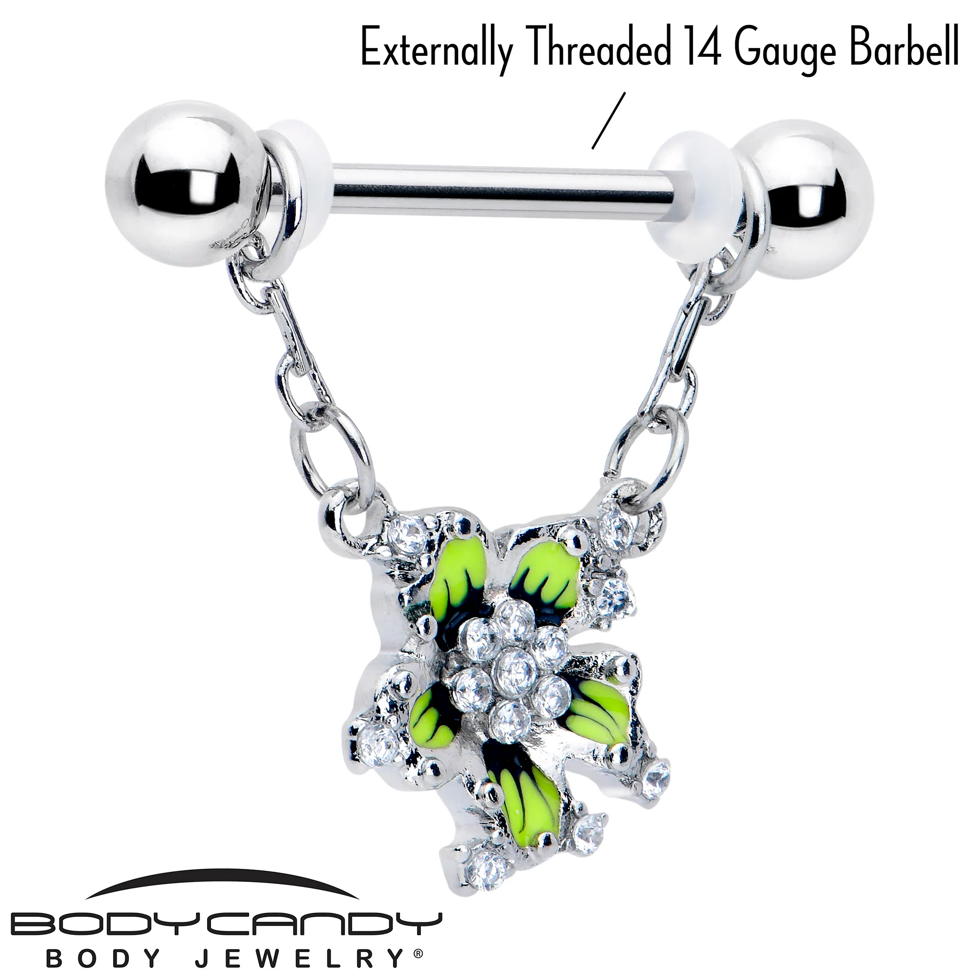 14G 9/16 Clear CZ Gem Go Green Flower Chain Dangle Nipple Ring Set - Image 3