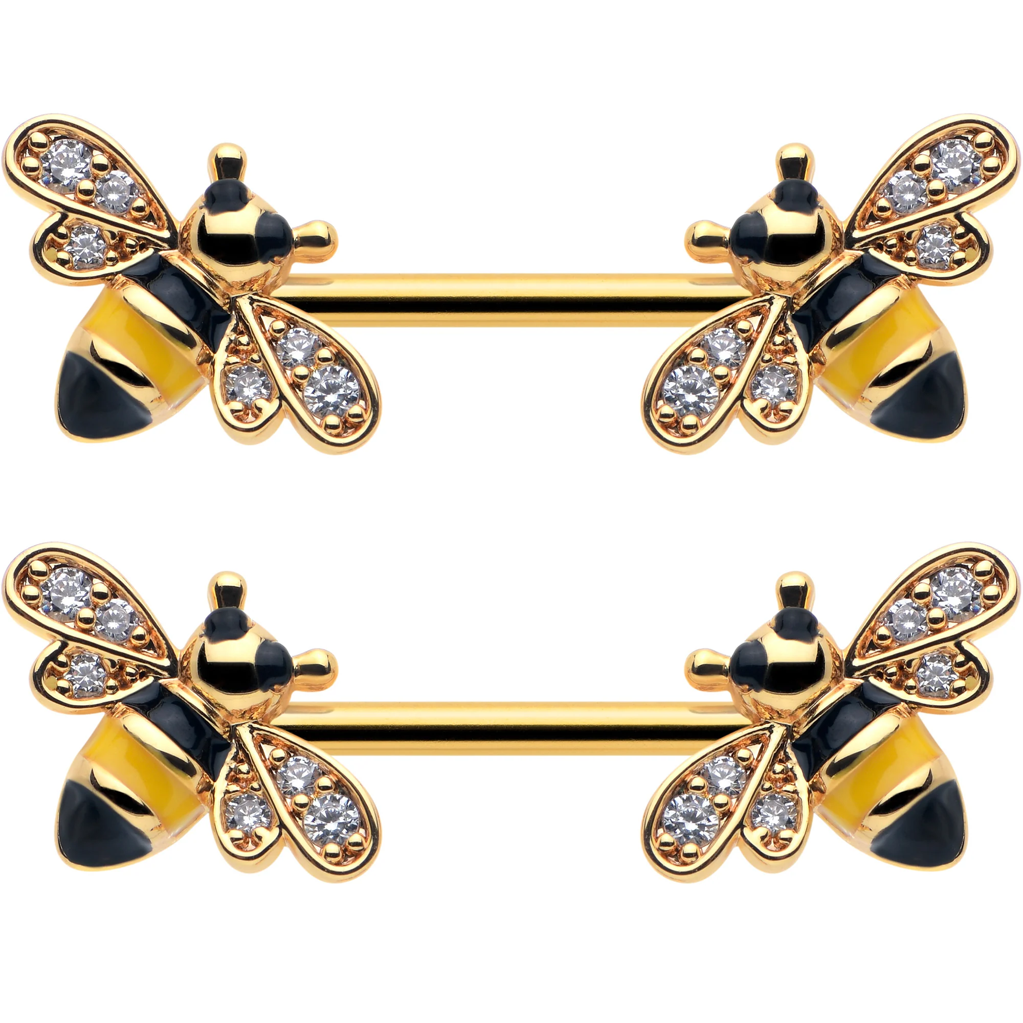 14G 9/16 Clear CZ Gem Gold Hue Honey Bees Barbell Nipple Ring Set - Image 2