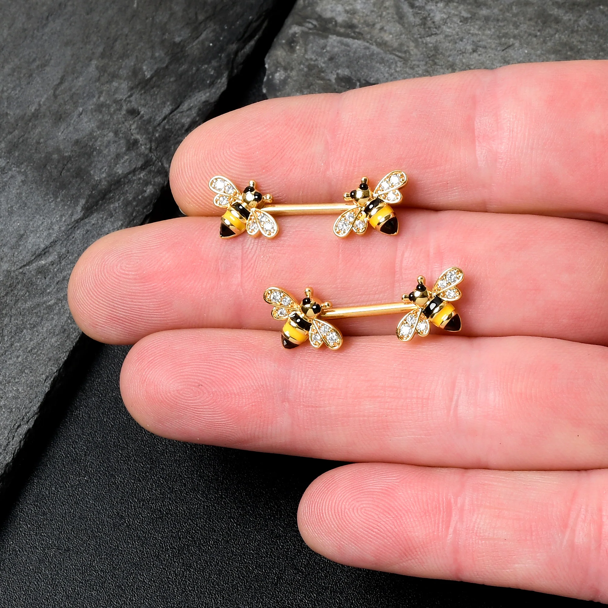 14G 9/16 Clear CZ Gem Gold Hue Honey Bees Barbell Nipple Ring Set - Image 3
