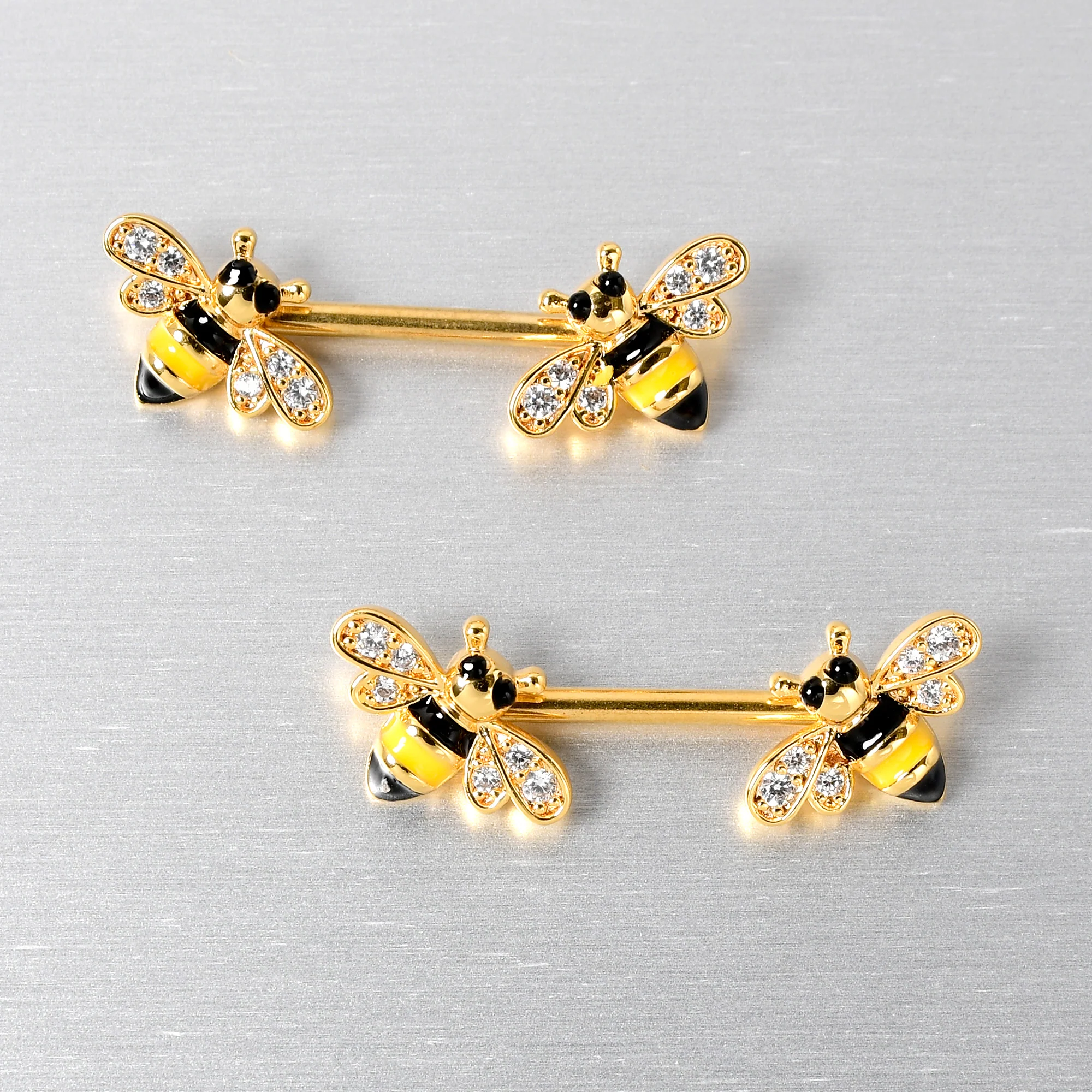 14G 9/16 Clear CZ Gem Gold Hue Honey Bees Barbell Nipple Ring Set - Image 4