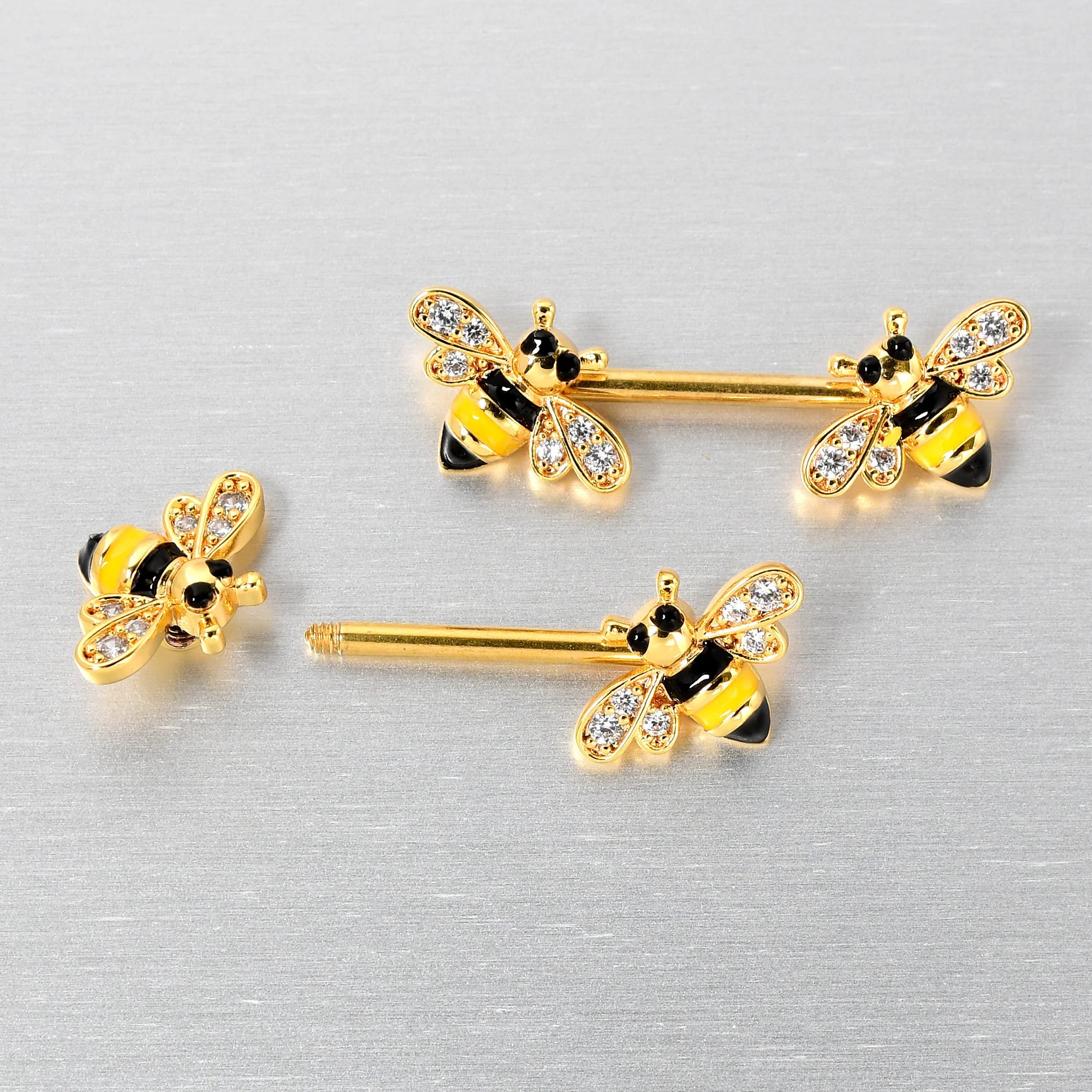 14G 9/16 Clear CZ Gem Gold Hue Honey Bees Barbell Nipple Ring Set - Image 5