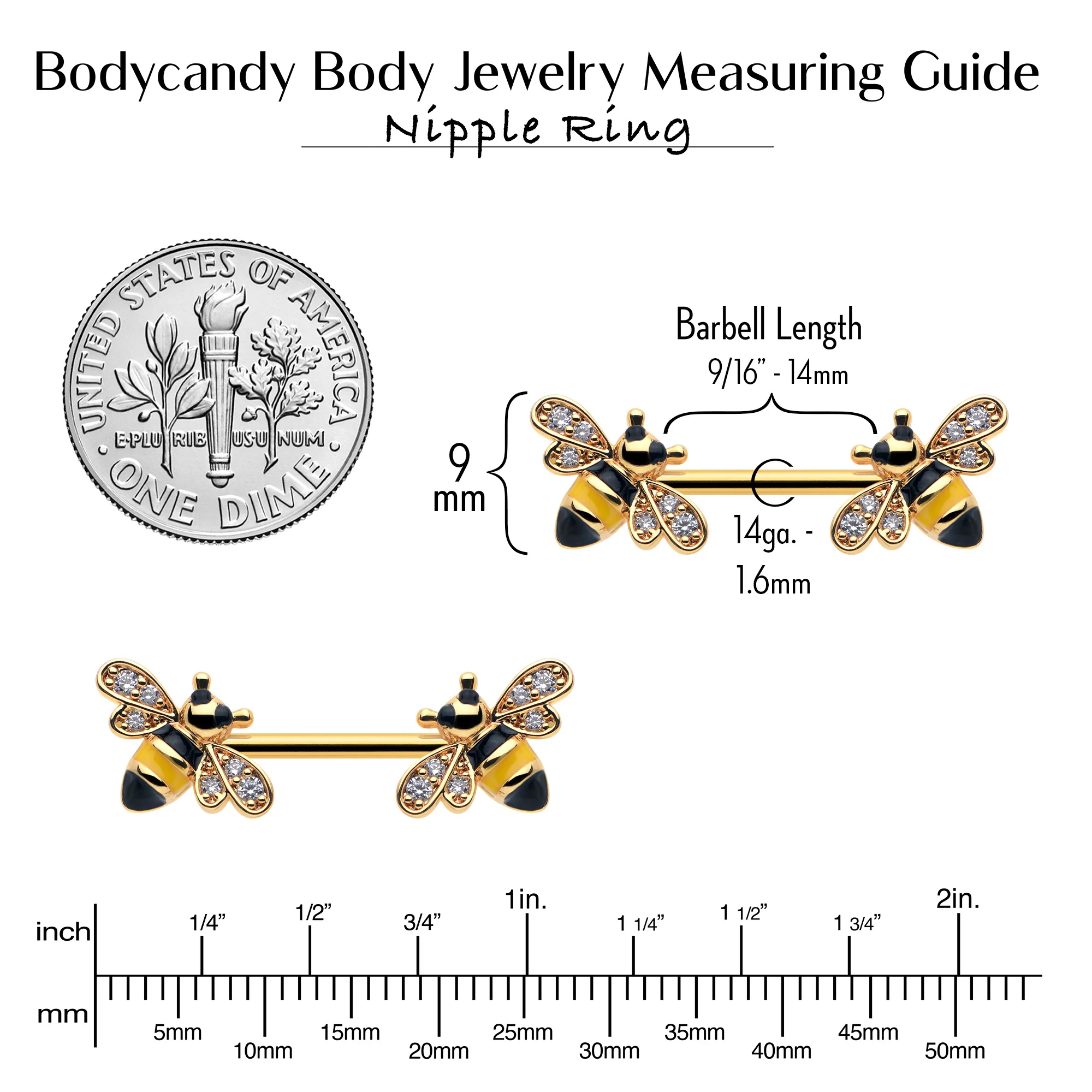 14G 9/16 Clear CZ Gem Gold Hue Honey Bees Barbell Nipple Ring Set - Image 6