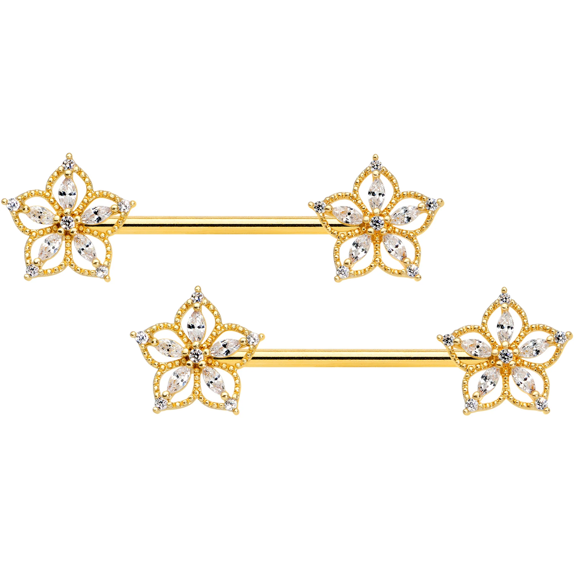 14G 9/16 Clear CZ Gem Gold Tone Airy Flower Nipple Ring Set