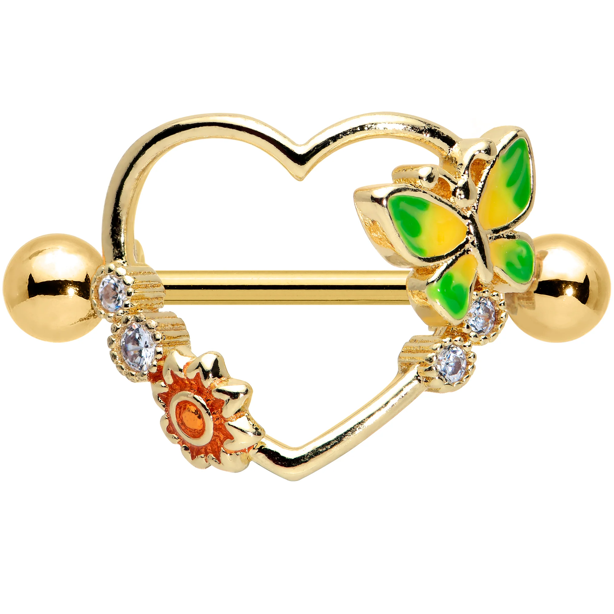 14G 9/16 Clear CZ Gem Gold Tone Butterfly Heart Nipple Shield Set - Image 2