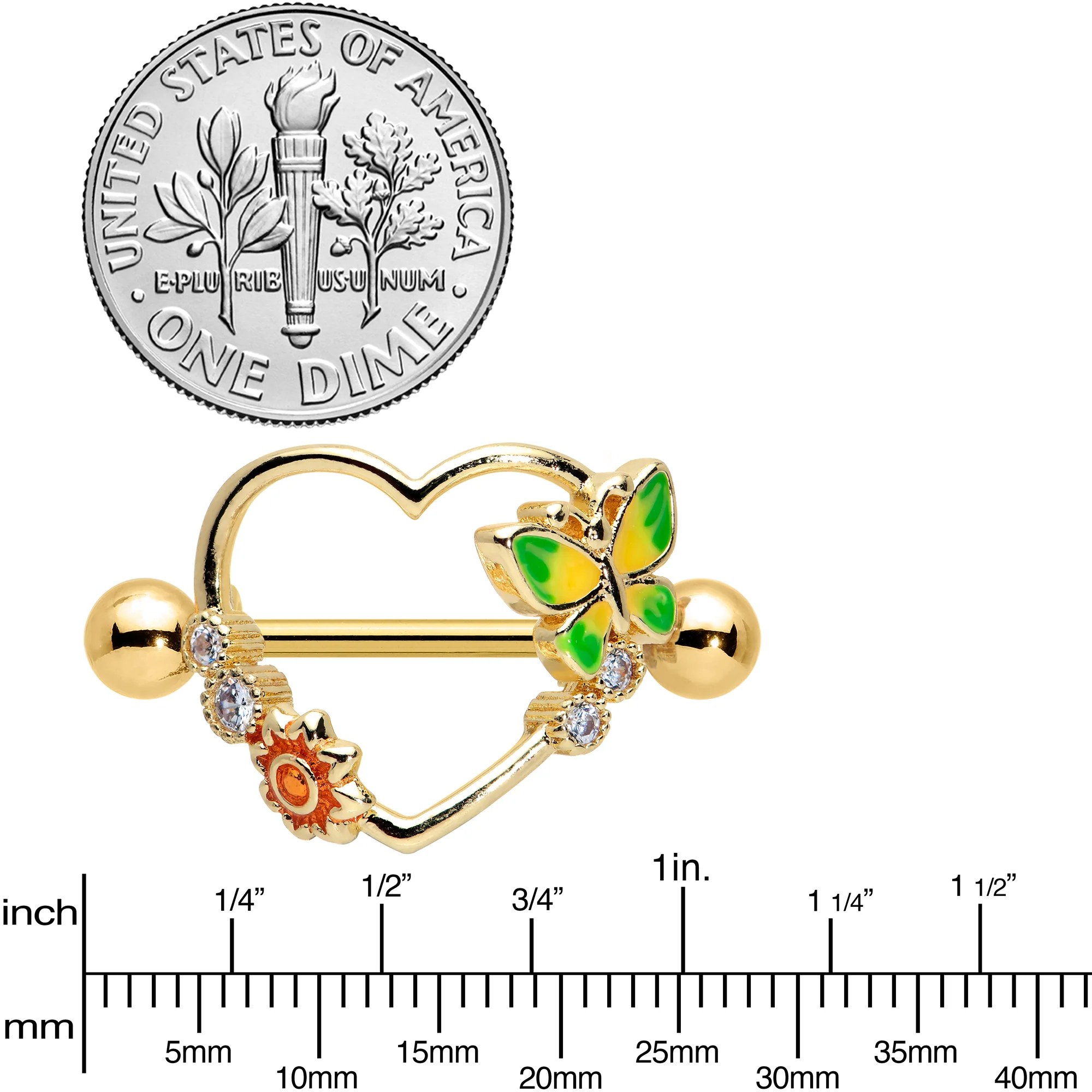14G 9/16 Clear CZ Gem Gold Tone Butterfly Heart Nipple Shield Set - Image 3