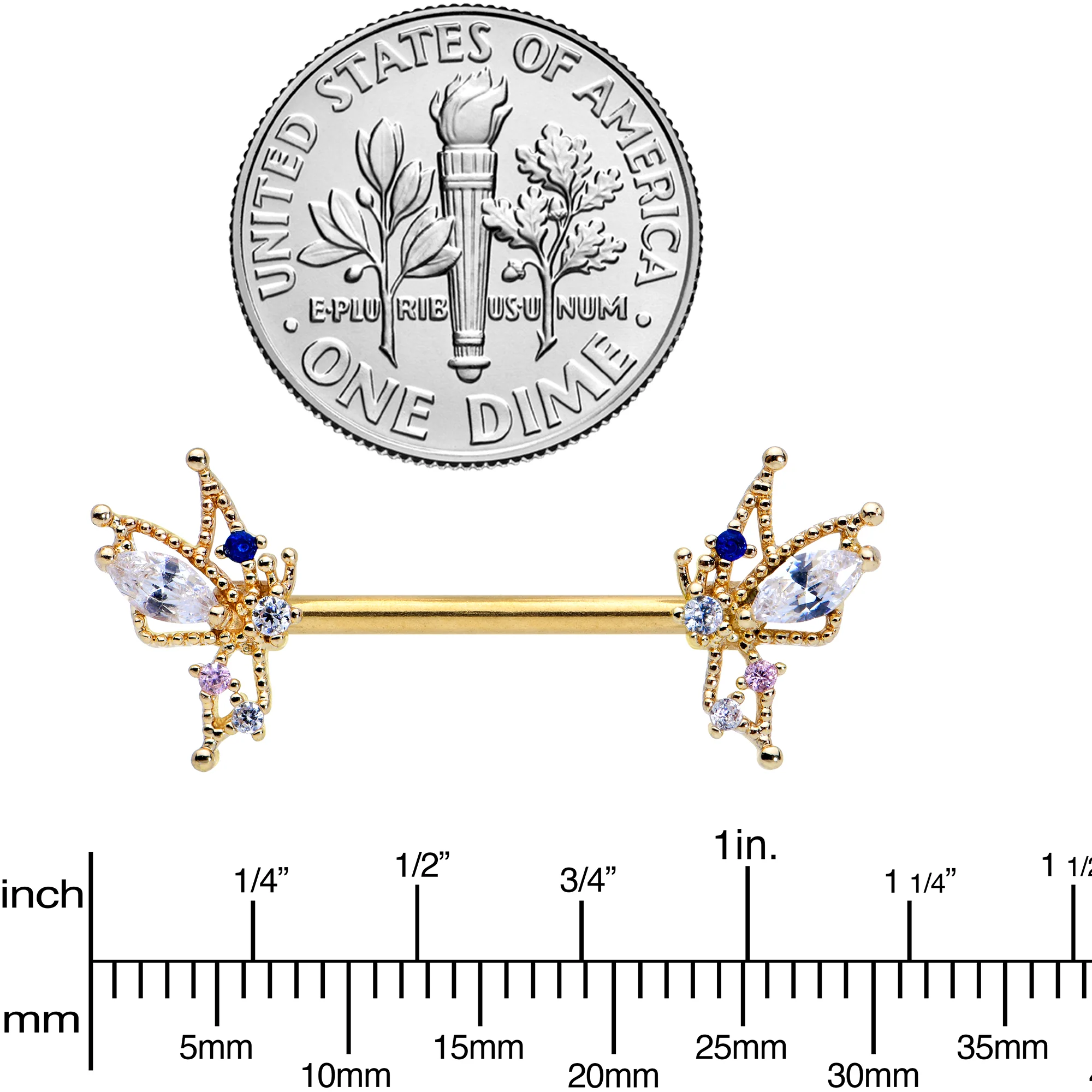 14G 9/16 Clear CZ Gem Gold Tone Christmas Angel Nipple Ring Set - Image 3