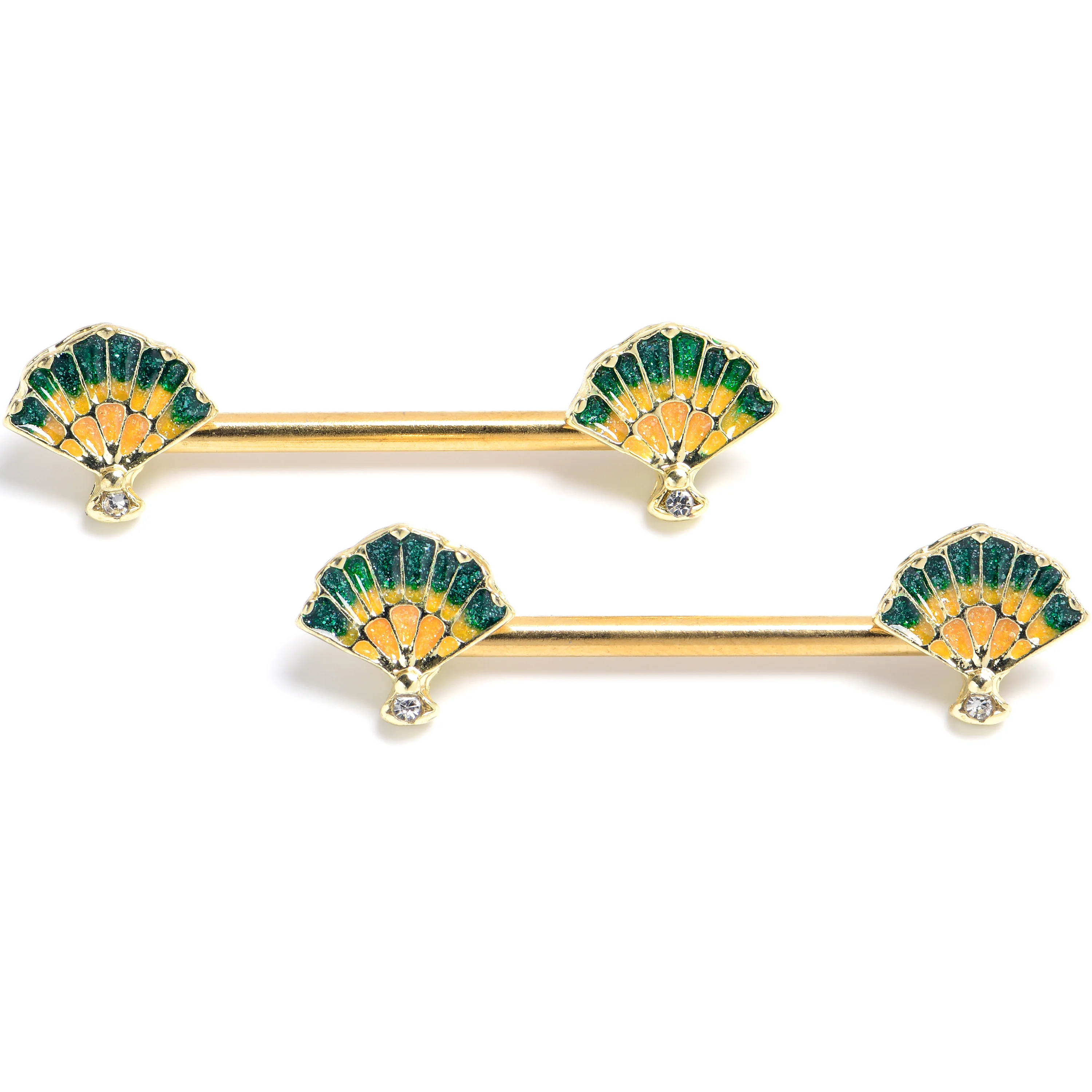 14G 9/16 Clear CZ Gem Gold Tone Glamour Fan Barbell Nipple Ring Set