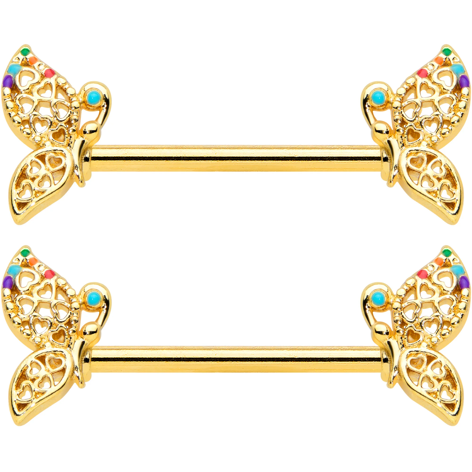 14G 9/16 Clear CZ Gem Gold Tone Heart Butterfly Nipple Ring Set - Image 2