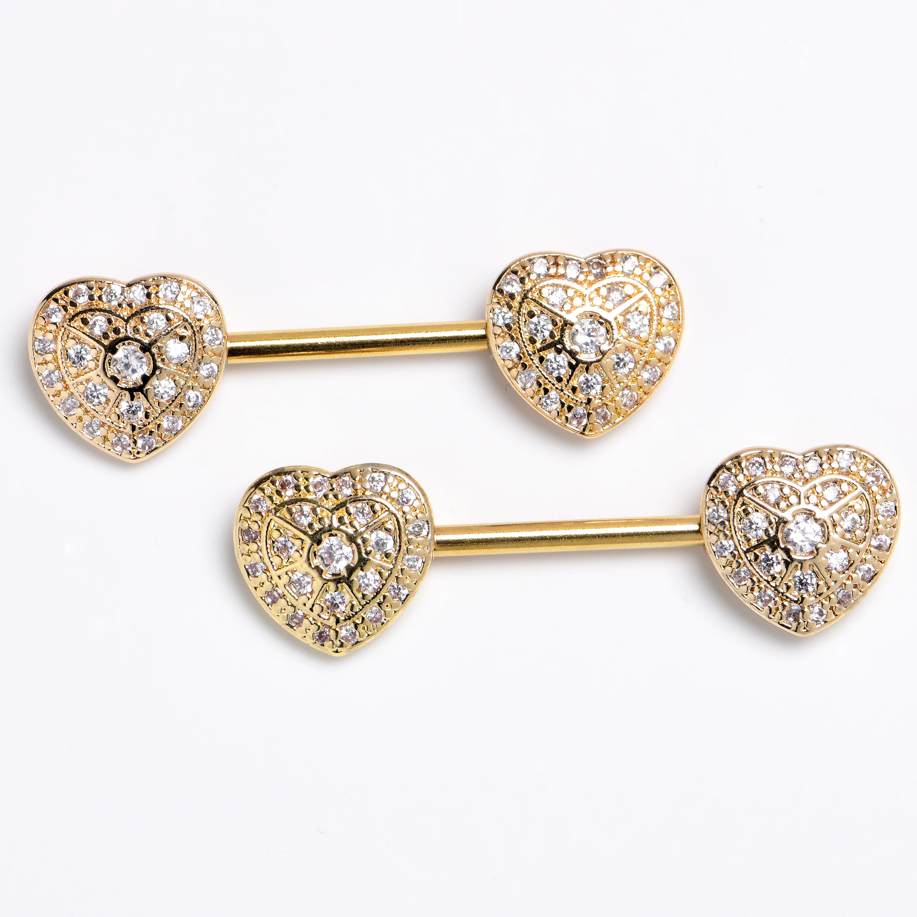 14G 9/16 Clear CZ Gem Gold Tone Luxe Heart Barbell Nipple Ring Set