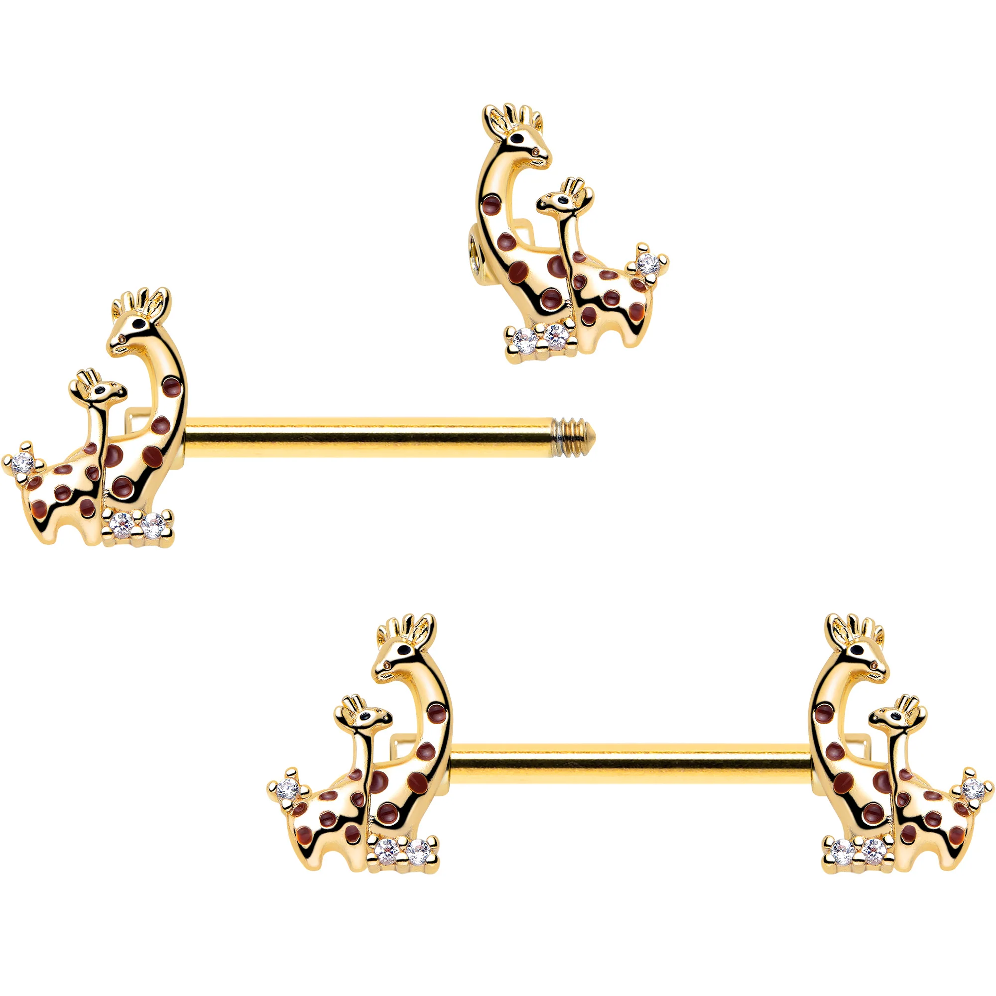 14G 9/16 Clear CZ Gem Gold Tone Mom Baby Giraffes Nipple Ring Set - Image 2