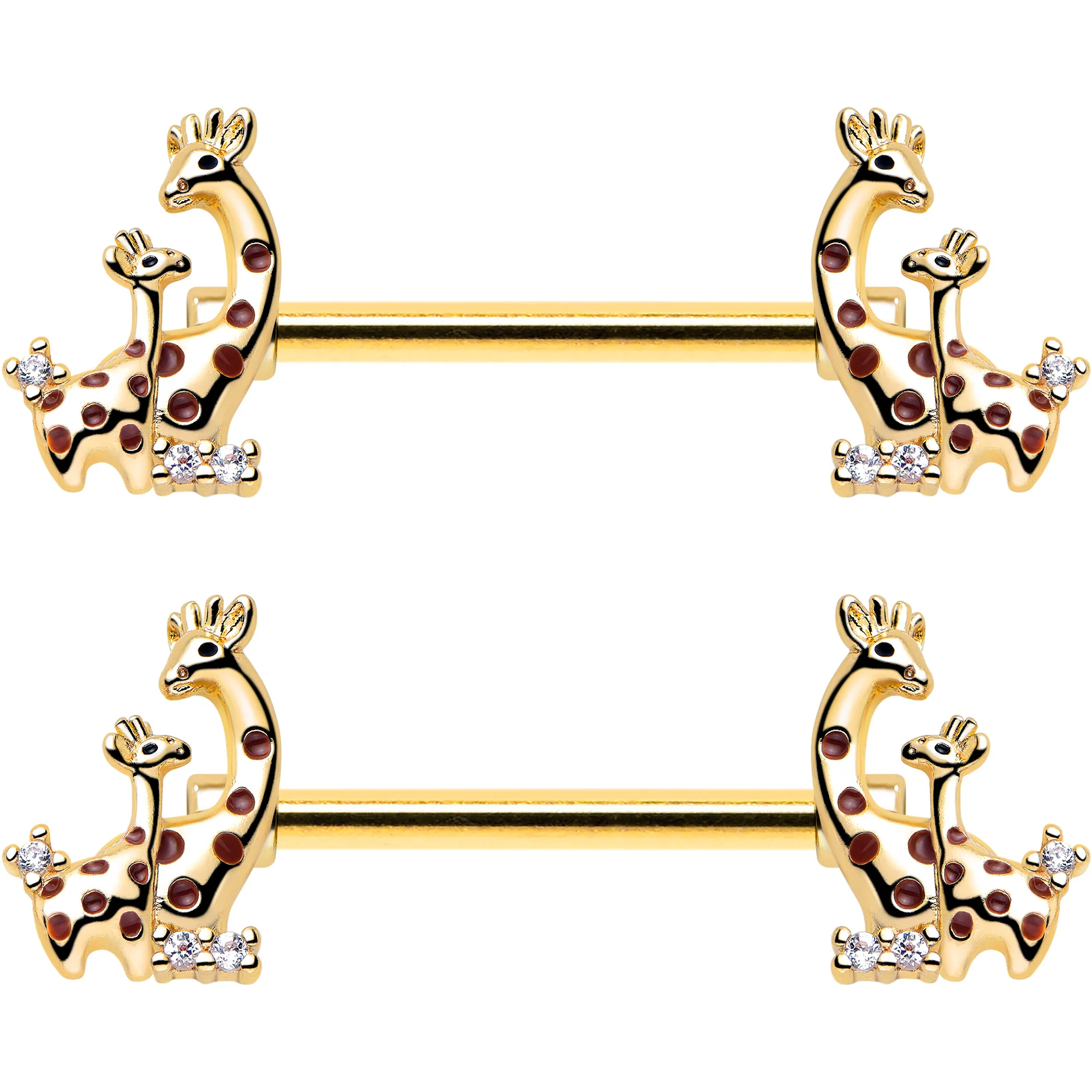14G 9/16 Clear CZ Gem Gold Tone Mom Baby Giraffes Nipple Ring Set - Image 3