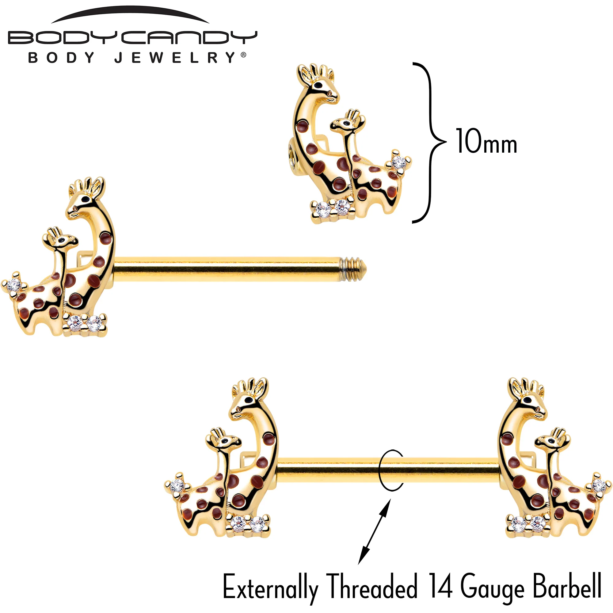 14G 9/16 Clear CZ Gem Gold Tone Mom Baby Giraffes Nipple Ring Set - Image 4
