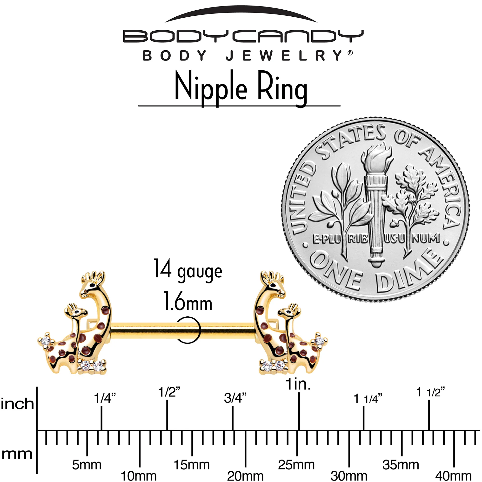 14G 9/16 Clear CZ Gem Gold Tone Mom Baby Giraffes Nipple Ring Set - Image 5