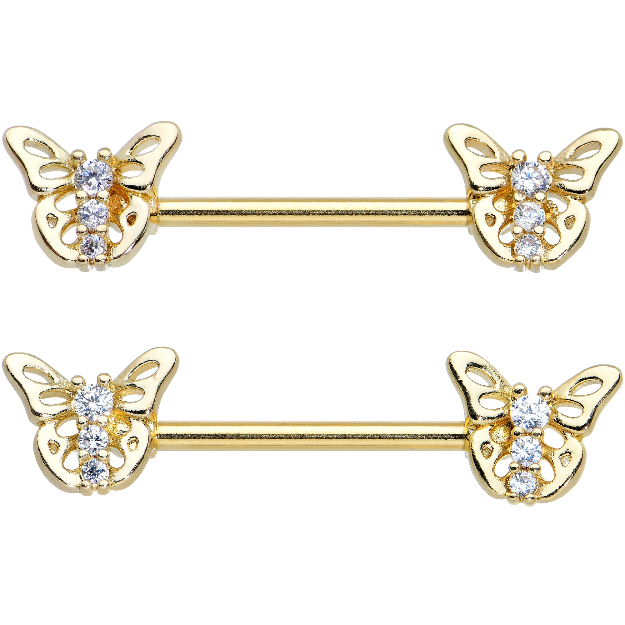 14G 9/16 Clear CZ Gem Gold Tone Open Butterfly Nipple Ring Set - Image 2