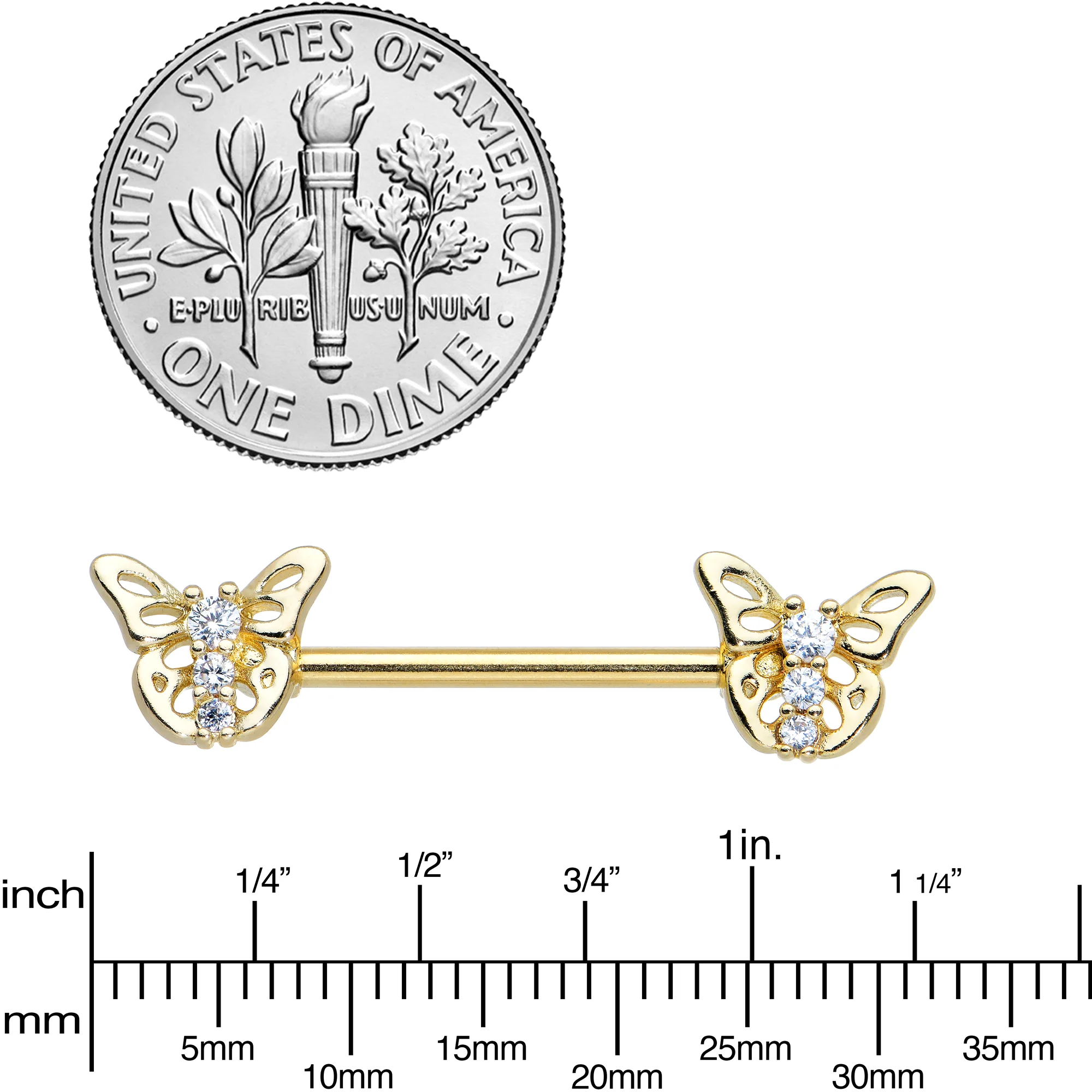 14G 9/16 Clear CZ Gem Gold Tone Open Butterfly Nipple Ring Set - Image 3