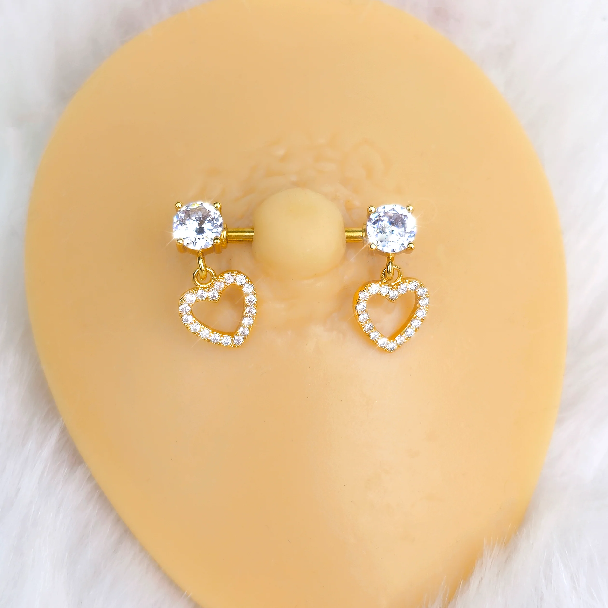 14G 9/16 Clear CZ Gem Gold Tone Paved Heart Dangle Nipple Ring Set - Image 2